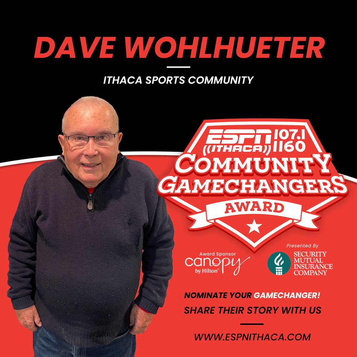 College Sports Communicators (@collsportscomm) on Twitter photo A CSC Hall of Famer and multi-award winner, Dave Wohlhueter (<a href="/Jazzboh/">Dave Wohlhueter</a>), formerly of <a href="/CornellSports/">Cornell Big Red</a>, received the <a href="/ESPNIthaca/">ESPN Ithaca</a> Community Game Changers Award for recognition of his achievement for outstanding contributions to the Ithaca community. Congratulations, Dave!
DYK? In A CSC Hall of Famer and multi-award winner, Dave Wohlhueter (<a href="/Jazzboh/">Dave Wohlhueter</a>), formerly of <a href="/CornellSports/">Cornell Big Red</a>, received the <a href="/ESPNIthaca/">ESPN Ithaca</a> Community Game Changers Award for recognition of his achievement for outstanding contributions to the Ithaca community. Congratulations, Dave!
DYK? In