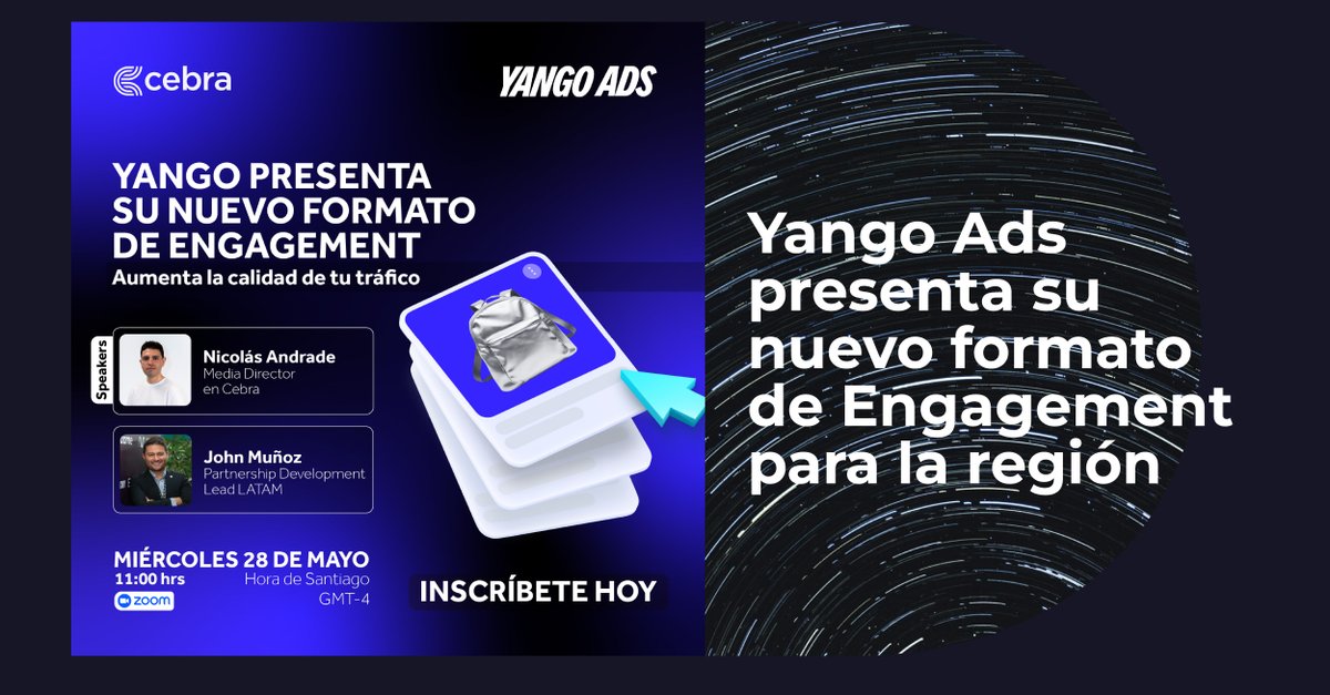 🚨 ¡Atención marketers!

Yango y Cebra lanzan su nuevo formato de Engagement para mejorar la calidad del tráfico en la región.

📅Mié 28 mayo – 11:00 (CL)
🎙️Con Nicolás Andrade y John Muñóz
📍Vía Zoom.