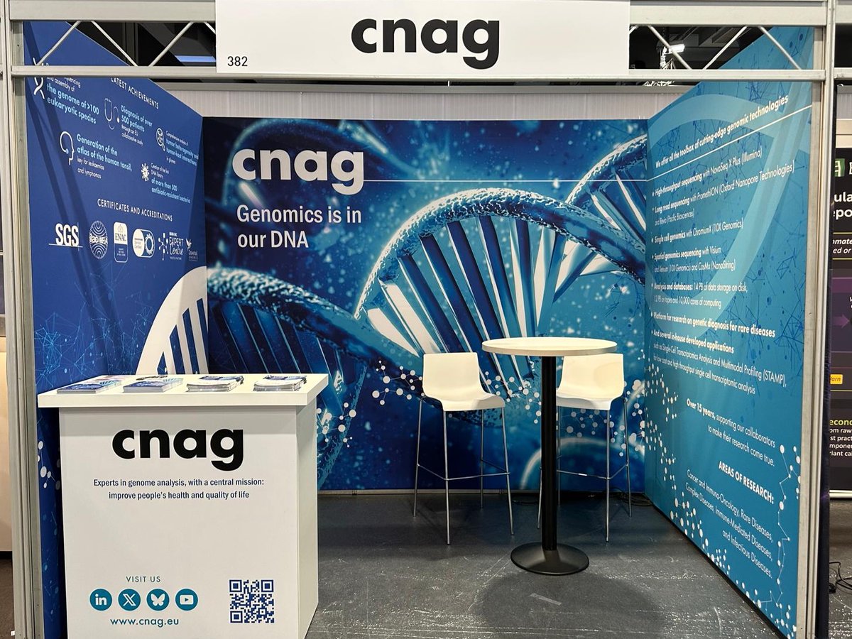 📢The booth is up and ready at #eshg2025! 
We can’t wait to meet you in the coming days

We’re a leading centre in genomic analysis and this is what we do: 
➡️DNA Genomics 
➡️Transcriptomics 
➡️Epigenomics 
➡️Single Cell Genomics 
➡️Spatial Genomics

See you tomorrow!
#Genomics