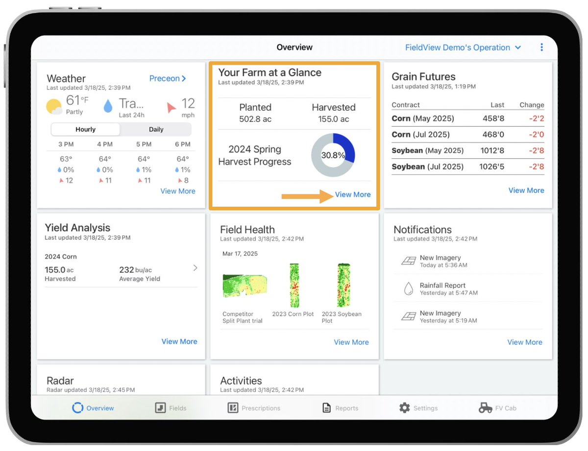 FieldViewCanada's tweet image. FieldView’s “Your Farm at a Glance” provides you with several data summaries including:
👉 Planting summary.
👉 Planting over time.
👉 Top hybrids and varieties planted.
Want to learn more? See how it works: bit.ly/43fIOO4