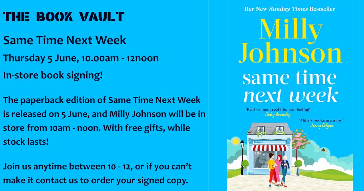 Barnsley Book Vault (@thebookvault07) on Twitter photo Do we think this is bright enough?! Same Time Next Week, book launch and signing with <a href="/millyjohnson/">📚✍️Milly Johnson ✒️🐕🐈⬛</a> in store on publication day, Thursday 5 June. Come and say hello any time from 10am - noon and buy your signed book.
#ChooseBookshops #Barnsley Do we think this is bright enough?! Same Time Next Week, book launch and signing with <a href="/millyjohnson/">📚✍️Milly Johnson ✒️🐕🐈⬛</a> in store on publication day, Thursday 5 June. Come and say hello any time from 10am - noon and buy your signed book.
#ChooseBookshops #Barnsley
