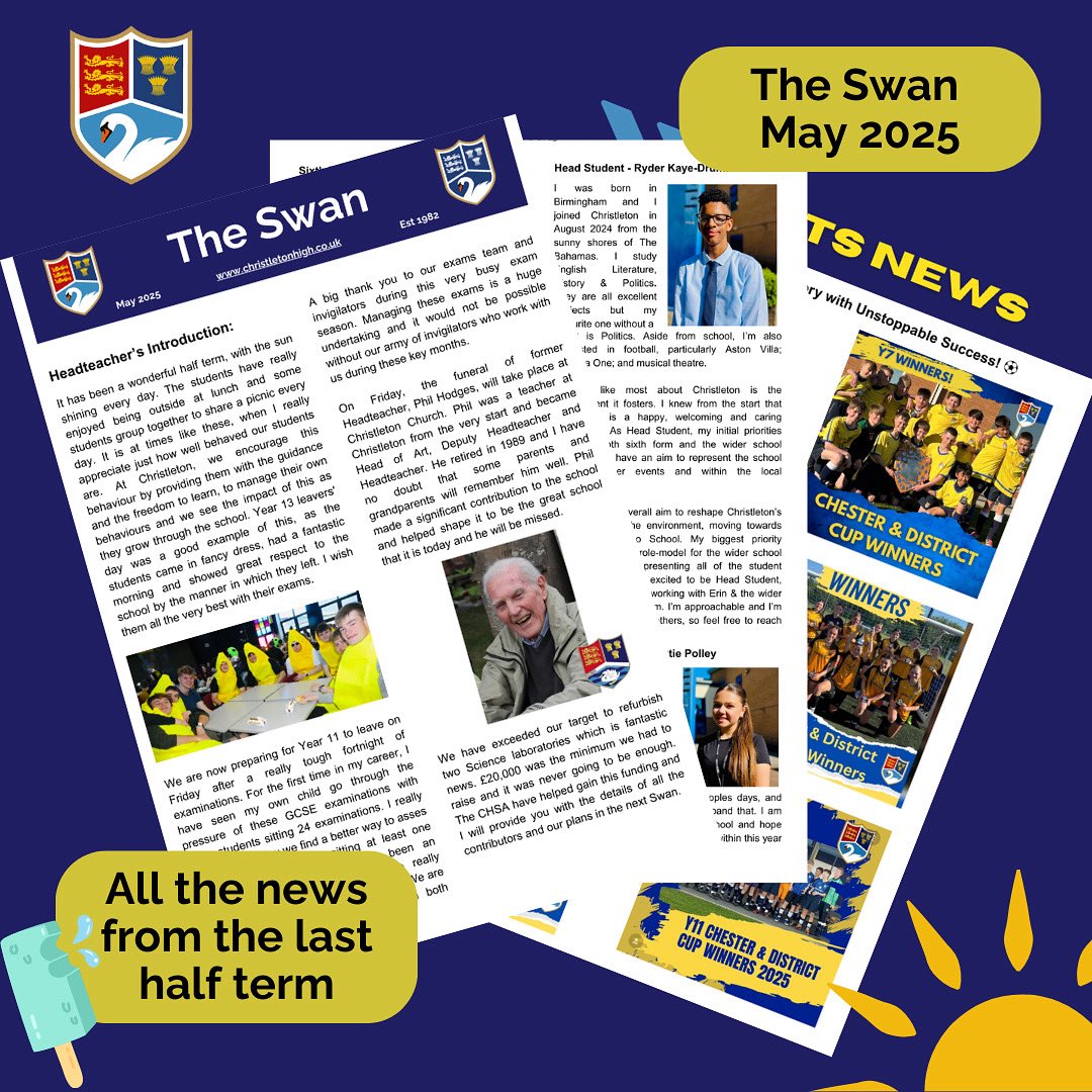 📢 The May Edition of The Swan is Out Now! 
Catch up on this half term’s highlights—from student achievements to special events.
📖 Read it here: christletonhigh.co.uk/pdf/swan-newsl…

Have a great half term break—see you back on Monday, 2nd June!
#TheSwan #SchoolHighlights #ProudMoments