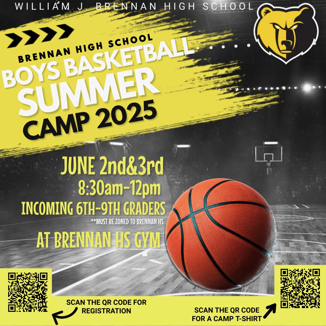 Come join us for our summer basketball camp. Registration QR codes in the bottom corners. Let’s get to work! #BrennanBasketball
