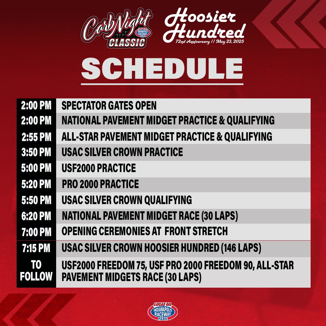 It's Raceday at IRP! Carb Night Classic featuring the 72nd Anniversary Hoosier Hundred is coming your way this evening!

Here is everything you need to know if you plan on attending! 

🎫 -&gt; tr.ee/6ht-DnJH9N