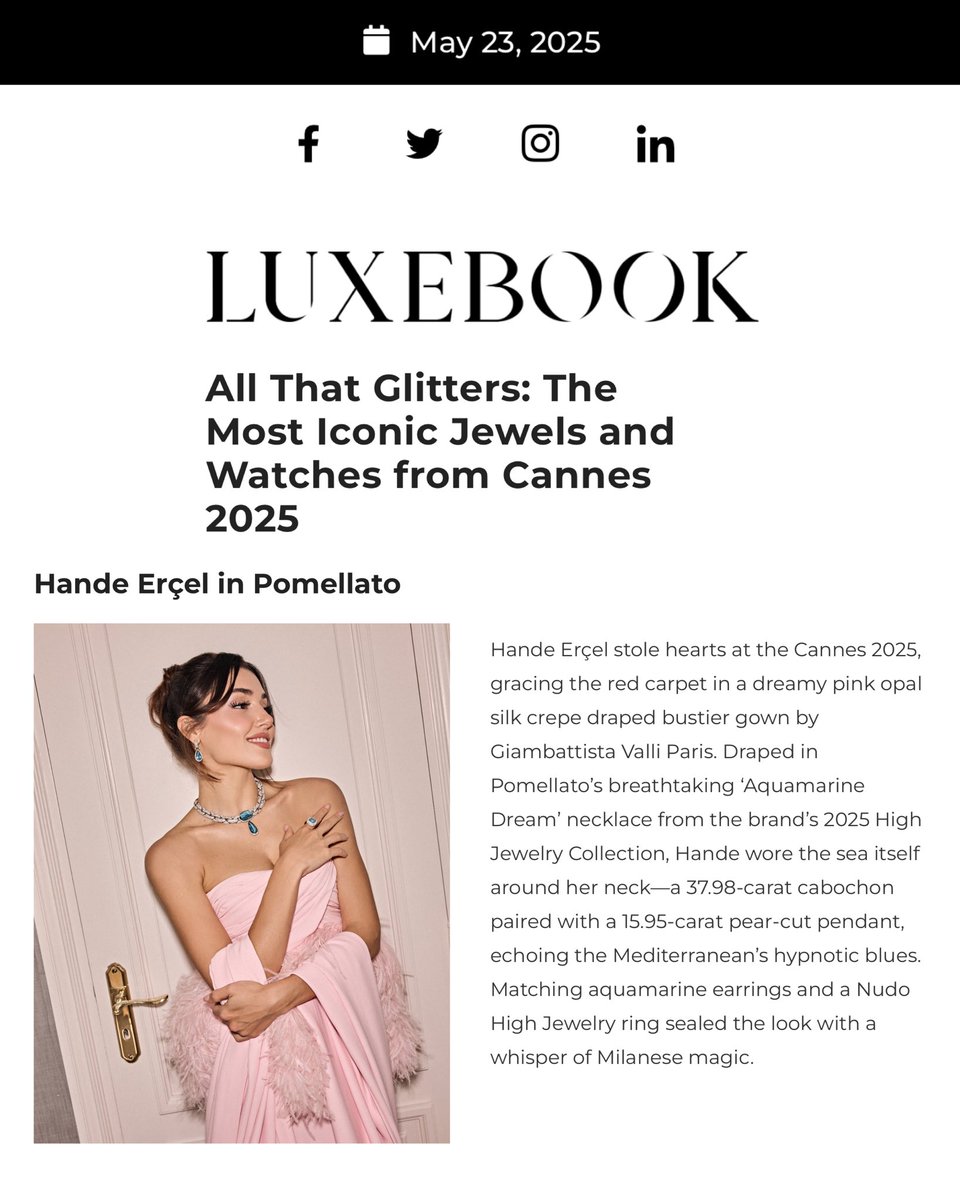 ✍🏻 Artículo de la página india Luxebook: “Todo lo que brilla: Las joyas y relojes más emblemáticos de Cannes 2025.

— #HandeErçel en Pomellato.
Hande Erçel cautivó a todos en Cannes 2025, desfilando por la alfombra roja con un vestido bustier drapeado de crepé de seda rosa ópalo