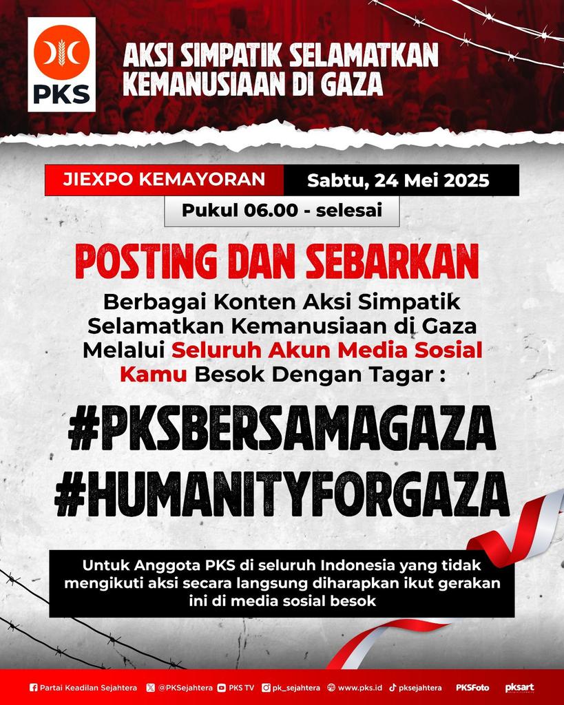 Jangan pernah lelah menyuarakan kepedulian untuk kemanusiaan di Palestina! 

Ramaikan media sosial dengan tagar #PKSbersamaGaza dan #HumanityForGaza untuk Aksi Simpatik Selamatkan Kemanusiaan di Gaza. Besok, Sabtu 24 Mei 2025