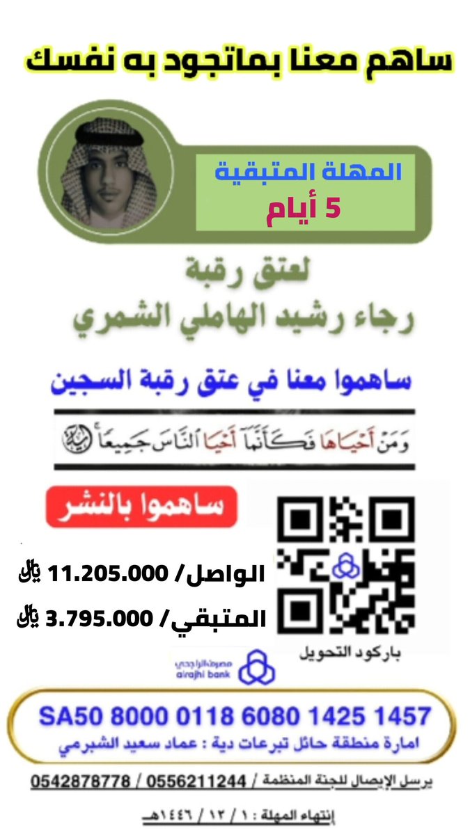 #ساهم_في__سقيا_الحجاج
#ساعه_استجابه #ساعة_الاستجابه #يوم_الجمعة #تفريج_كربة
والدة #رجاء_الهاملي_في_رجاء_الله_سبحانه ثم #شعب_طويق وتناشدهم للمساهمةفي عتق رقبةابنها حيث أن المبلغ المتبقي حوالي 3.700.000 ﷼ والمهلة المتبقية ٥ أيام فقط.
لذا احتسبوا الأجر وساهموا بماتجود به نفوسكم