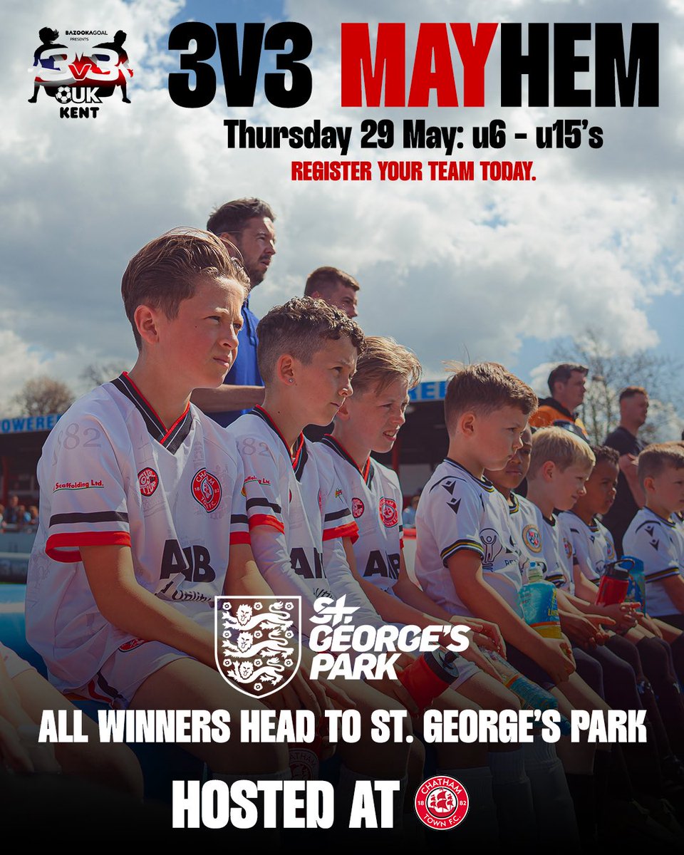 3v3UK Kent (@3v3ukkent) on Twitter photo Make sure you sign up for our upcoming <a href="/3v3UK/">3v3UK</a> Kent Regional Cup on Thursday 29 May ๐
๐ Maximum 4 players per team
๐ Group stage & knockout phase
๐ U6-U15โs
Winners compete at St. Georgeโs Park, the home of <a href="/EnglandFootball/">England Football</a>! ๐ฆ
REGISTER ๐ form.jotform.com/251056765509361 Make sure you sign up for our upcoming <a href="/3v3UK/">3v3UK</a> Kent Regional Cup on Thursday 29 May ๐
๐ Maximum 4 players per team
๐ Group stage & knockout phase
๐ U6-U15โs
Winners compete at St. Georgeโs Park, the home of <a href="/EnglandFootball/">England Football</a>! ๐ฆ
REGISTER ๐ form.jotform.com/251056765509361