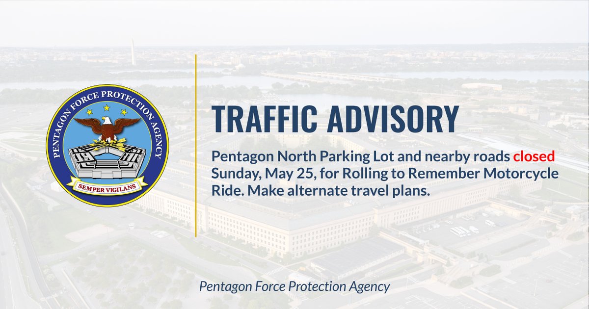 Expect road closures in &amp; around the #Pentagon on Sunday this #MemorialDay weekend for #RollingToRemember, such as:

• Boundary Channel Drive
• Route 110 Northbound
• GW Parkway Southbound to Boundary Channel
• I-395 Northbound Exit 8B
• Columbia Pike
• Northbound Route 27