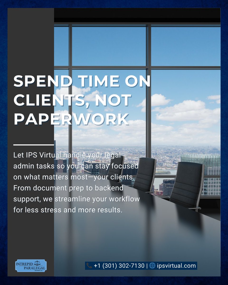 ips_virtual's tweet image. 📄 Tired of getting buried in admin tasks?
Let IPS Virtual handle the documentation so you can focus on what truly matters—your clients.
✔️ Less stress
✔️ More results
✔️ Real efficiency
#LawFirmEfficiency #LegalWorkflow #IPSvirtual #AttorneySupport