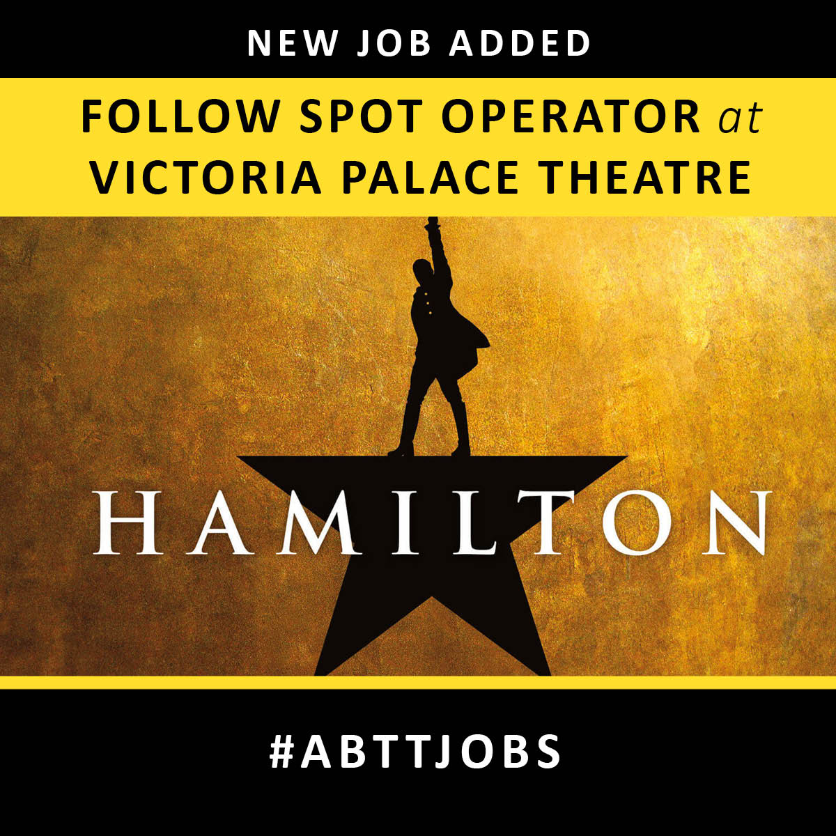 Delfont Mackintosh Theatres are looking for a Follow Spot Operator to join them at the Victoria Palace Theatre on their production of Hamilton.

Find out more and apply here: abtt.org.uk/jobs/follow-sp…

#ABTTjobs #TheatreJobs