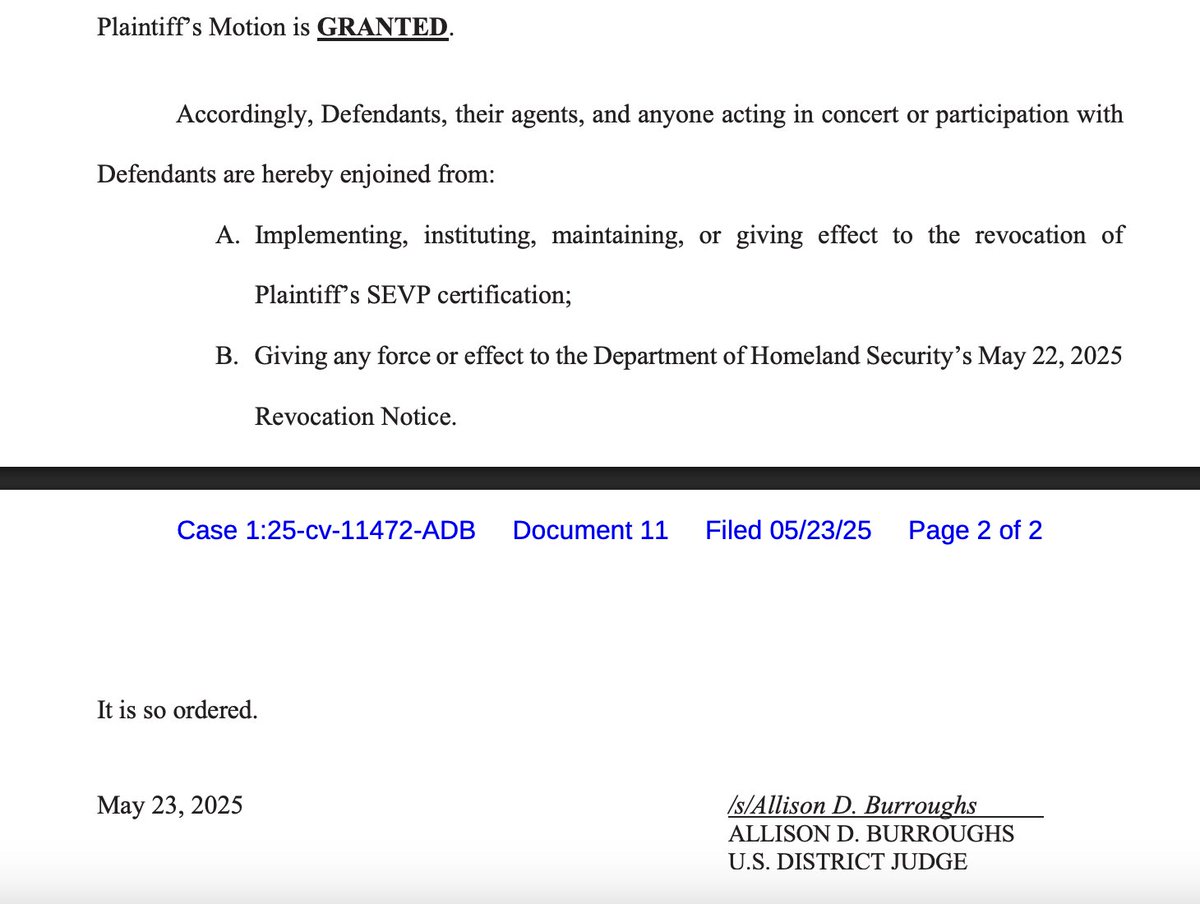 kyledcheney's tweet image. BREAKING: Judge Burroughs has granted Harvard's restraining order, barring the administration from terminating its foreign student population. storage.courtlistener.com/recap/gov.usco…