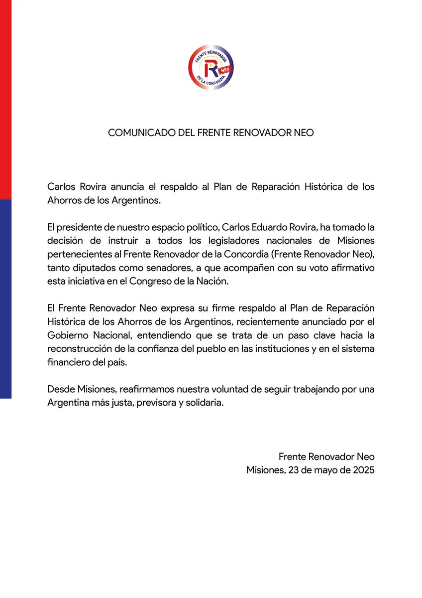 Desde Misiones, reafirmamos nuestro compromiso con una Argentina más justa y solidaria.

Por eso, acompañamos con decisión el Plan de Reparación Histórica de los Ahorros de los Argentinos.

Con confianza y trabajo conjunto, construimos el país que merecemos. 🇦🇷💪