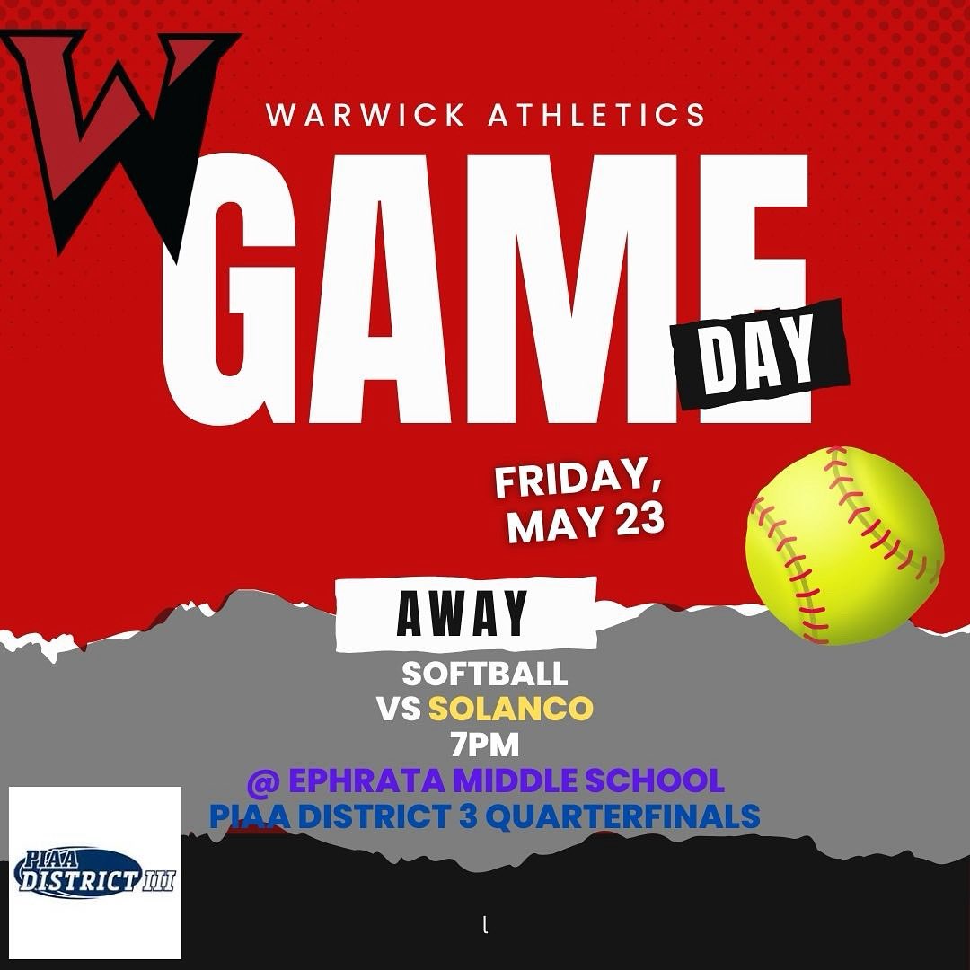 Go Warriors!
❤️🖤🥎
#WeAreWarwick

Note the change in time (7PM) and location (Ephrata middle school)

Tickets online only:
events.hometownticketing.com/boxoffice/piaa…