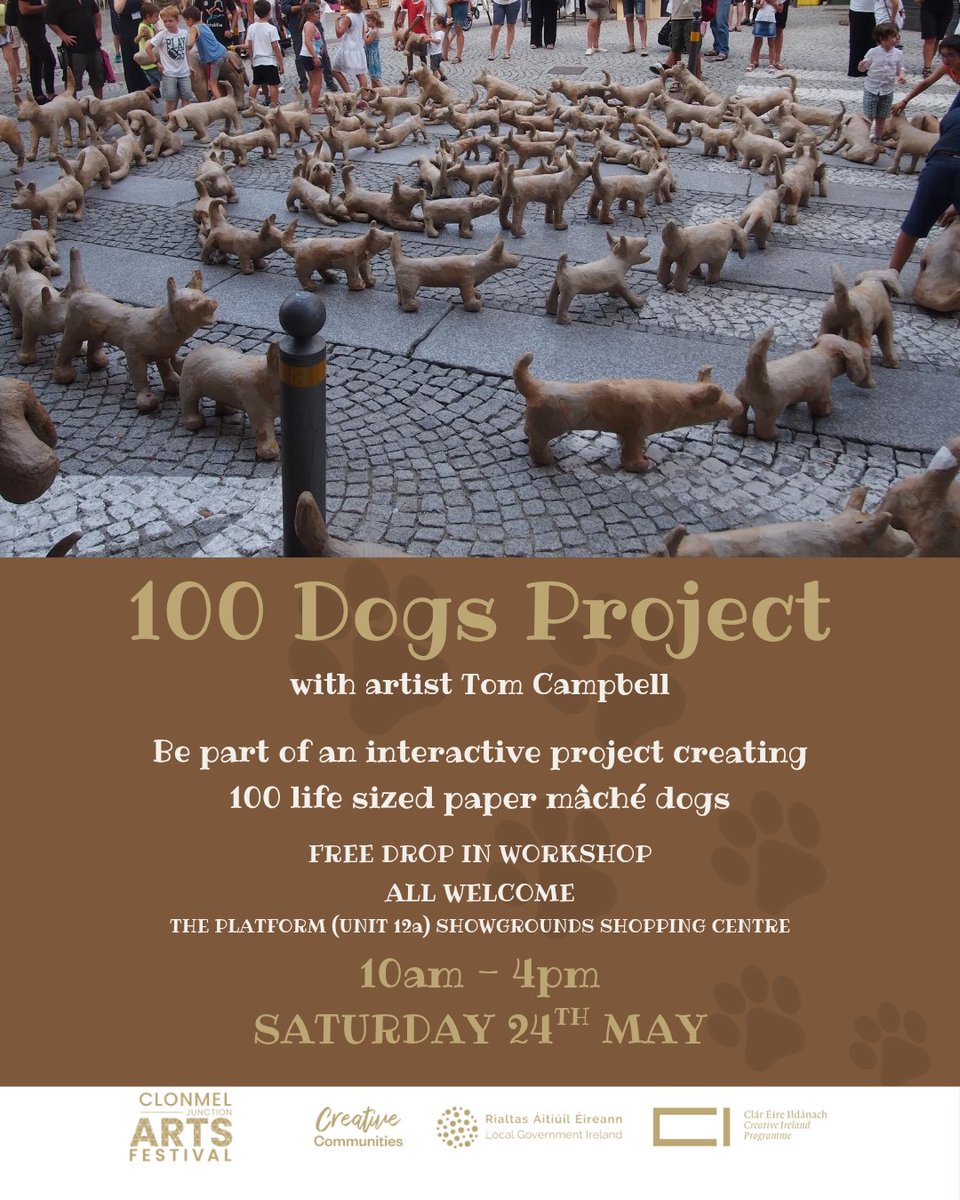 Join us for another fun drop in workshop with Tom Campbell. All are welcome. Come and meet the 48 dogs started so far. Create your own addition to the pack! 🐶🐾🐶🐾

#ClonmelArts #JunctionFestival #Collaborating #Creating #Connecting