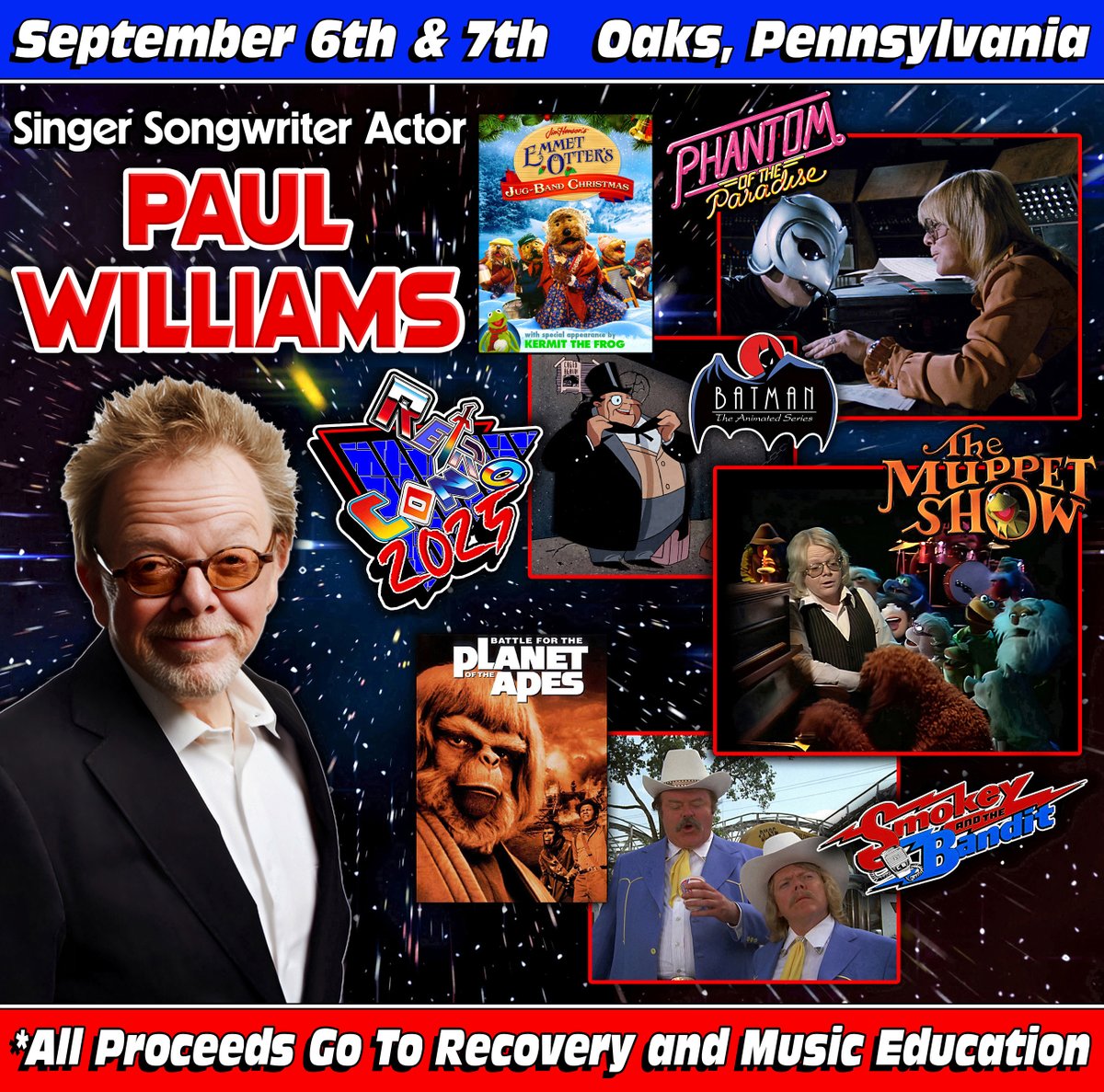 Meet the legendary PAUL WILLIAMS at Retro Con 2025! 

Paul Williams will be donating all his convention proceeds toward his philanthropic work in addiction recovery and music education.

#paulwilliams #themuppets #emmetottersjugbandchristmas #themuppetmovie #therainbowconnection