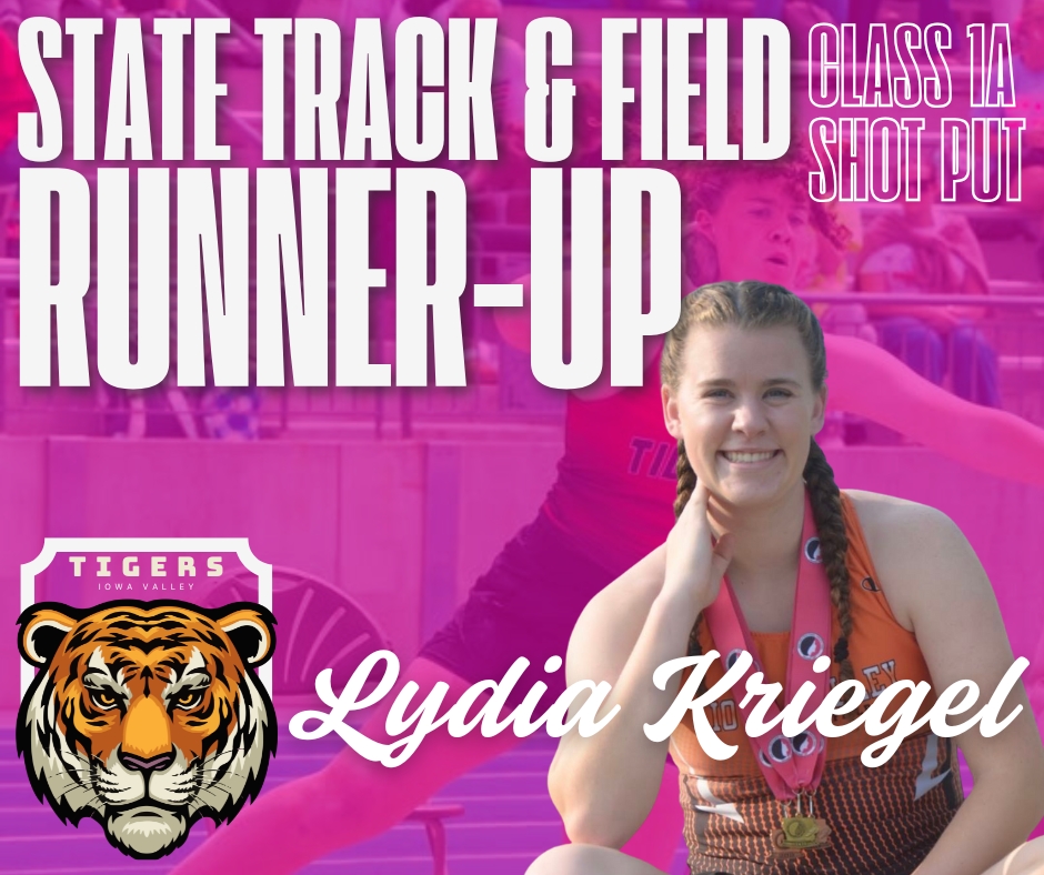 🥈STATE RUNNER-UP!🥈
Iowa Valley’s Lydia Kriegel throws 40’4” to take 2nd place in 1A shot put at the State Track &amp; Field Championships! 💪🐯