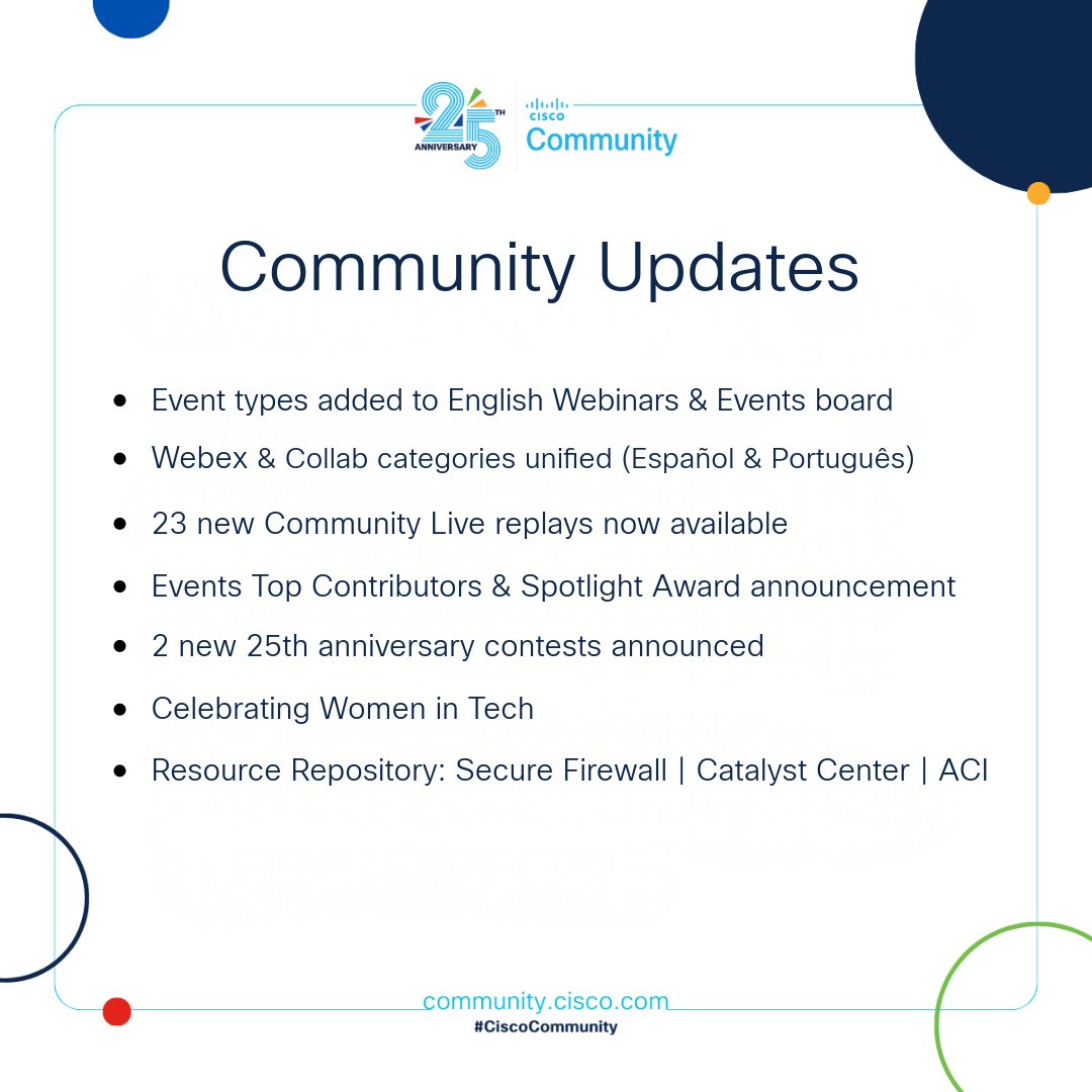 #CiscoCommunity updates! 📣
Get the rundown, incl. Resource Repository series (#CiscoSecure Firewall, #CiscoCatalyst, #CiscoACI), celebrating #WomenInTech, new anniversary contests, #CommunityLive replays and #MemberRecognition ICYMI!

📑 cs.co/6017NaSLW
#CiscoCommunity25