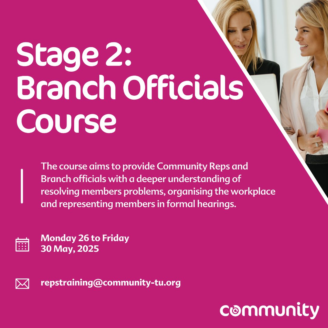 Community Union (@communityunion) on Twitter photo 🚨DON'T MISS OUT🚨
Our exclusive Stage Two Branch Officials’ course is here!
Advance your skills as a Community Rep. 💪
If you're interested and have already completed Stage One, contact repstraining@community-tu.org or click below. ⬇️
bit.ly/4iLO9RD 🚨DON'T MISS OUT🚨
Our exclusive Stage Two Branch Officials’ course is here!
Advance your skills as a Community Rep. 💪
If you're interested and have already completed Stage One, contact repstraining@community-tu.org or click below. ⬇️
bit.ly/4iLO9RD