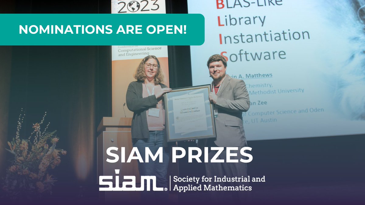 Nominations are open for many SIAM prizes! Through these prizes, SIAM recognizes students and professionals for their outstanding contributions to applied mathematics, computational and data sciences. Check the prize deadline calendar for more details: siam.org/programs-initi…