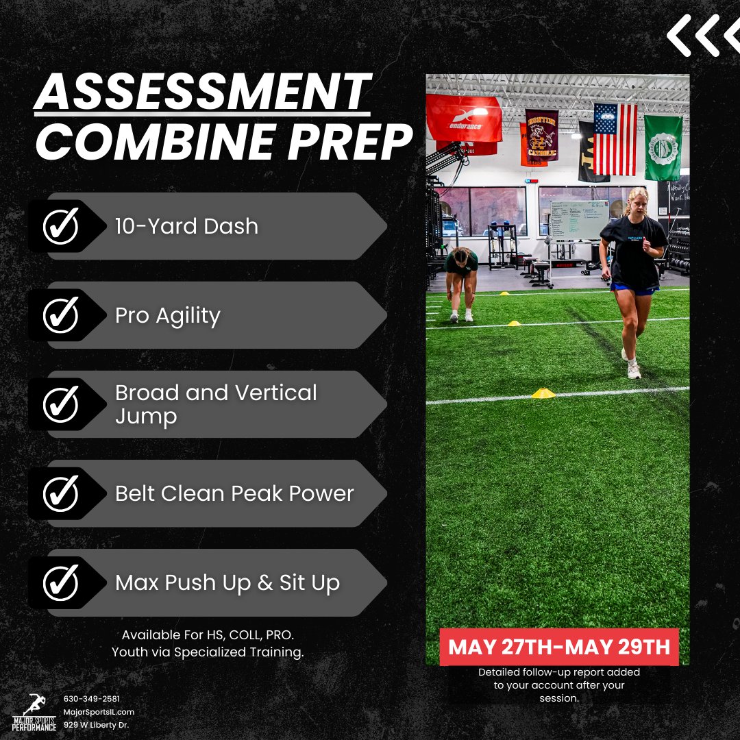 Join in for our monthly Athlete Assessment / Combine Prep happening May 27th–May 29th!

📅 How It Works:
👉 Attend one group assessment between May 27th–May 29th.

➡️ Book now for the upcoming week:
🔗 MajorsportsIL.com/assessment

#AthleteDevelopment #Wheaton #WheatonIL