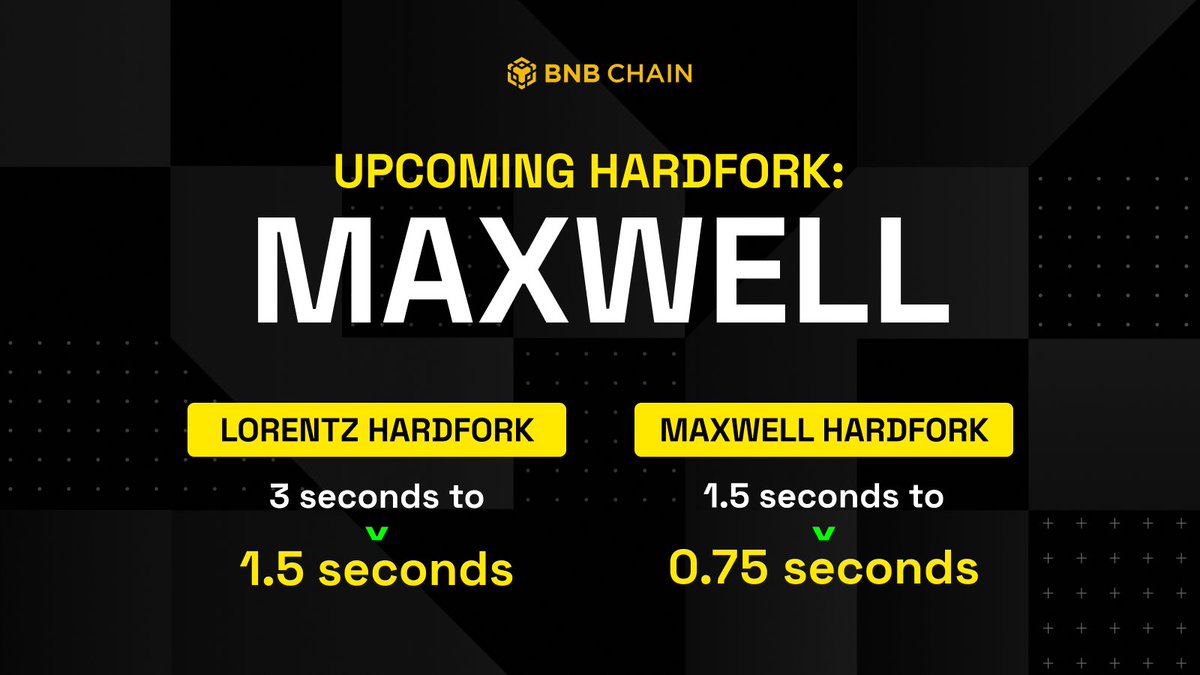 BNBCHAIN's tweet photo. Block times are getting faster.

🔸 Lorentz took BSC from 3s → 1.5s.
🔸 Maxwell will take us from 1.5s → 0.75s.

The next era of speed begins now 👇 
https://t.co/38Gi5bv8dK

Follow @BNBChainDevs for the latest updates! https://t.co/SejpH8qtyx