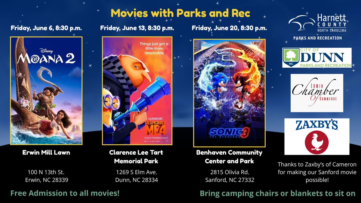 HarnettCoParks's tweet image. 🎬🌟 Save the Dates! Movies in the Park are BACK this June! 🌳🍿
Get ready for fun-filled nights under the stars with Harnett County Parks & Recreation! Bring your blankets, lawn chairs, snacks, and the whole family for free outdoor movie nights
#HarnettCounty #HarnettCountyNC