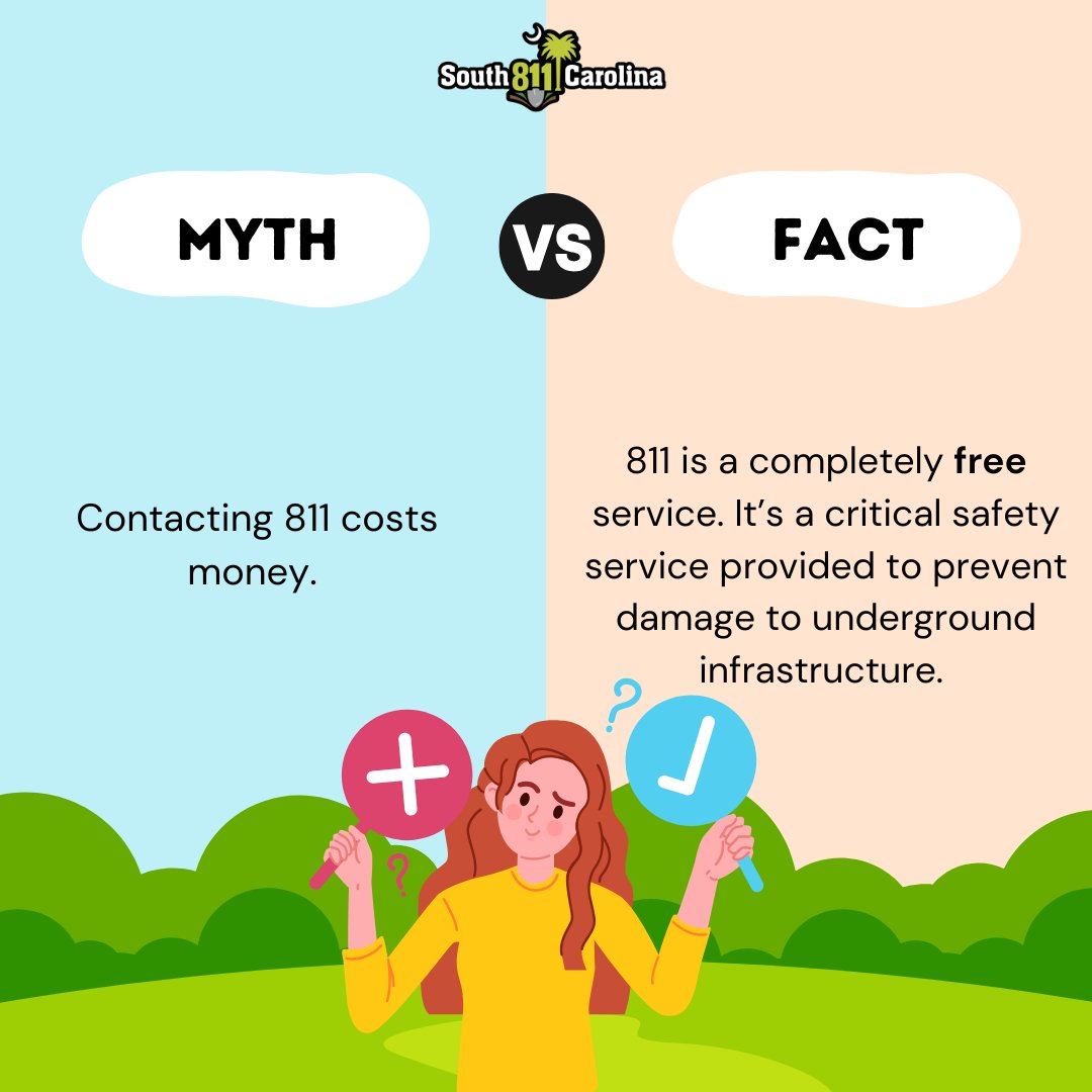 sc_811's tweet image. Myth: Contacting 811 costs money.
Fact: It’s absolutely free—and it’s the smartest step you can take to protect yourself, your property, and your community before starting any digging project.

#everydigeverytime #contact811 #free #safedigging