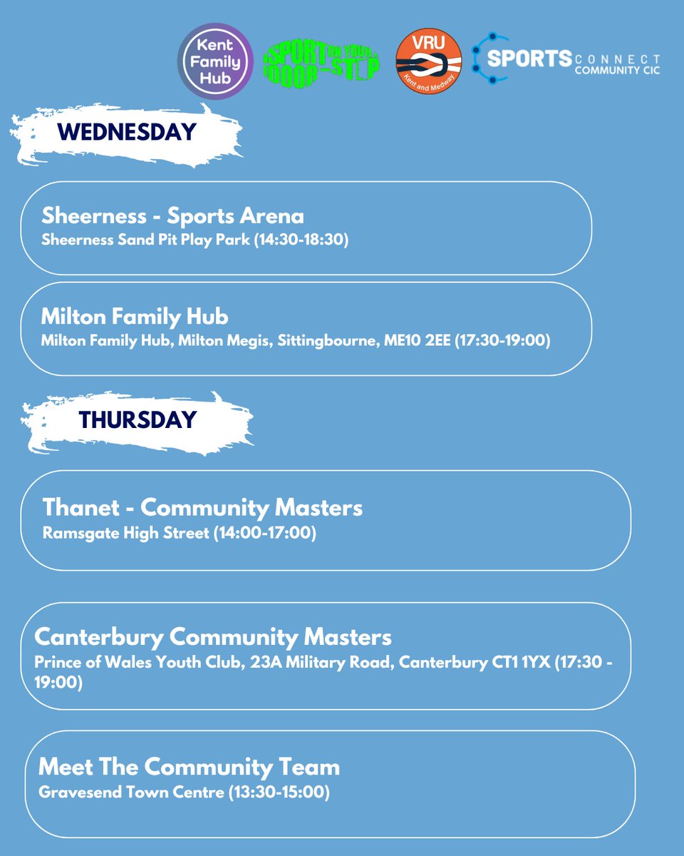 Sports Connect UK (@sportsconnectuk) on Twitter photo 📣 Extra Community Events This Half Term!
We’ve added even more sessions to our half-term line-up! From football to multi-sport fun, there’s something for everyone to get involved in, stay active, and connect with others. ⚽🏀🎯
Don’t miss out!
<a href="/KentVRU/">Kent & Medway Violence Reduction Unit (VRU)</a> <a href="/sportonyourDS/">Sport On Your Doorstep CIC</a> 📣 Extra Community Events This Half Term!
We’ve added even more sessions to our half-term line-up! From football to multi-sport fun, there’s something for everyone to get involved in, stay active, and connect with others. ⚽🏀🎯
Don’t miss out!
<a href="/KentVRU/">Kent & Medway Violence Reduction Unit (VRU)</a> <a href="/sportonyourDS/">Sport On Your Doorstep CIC</a>