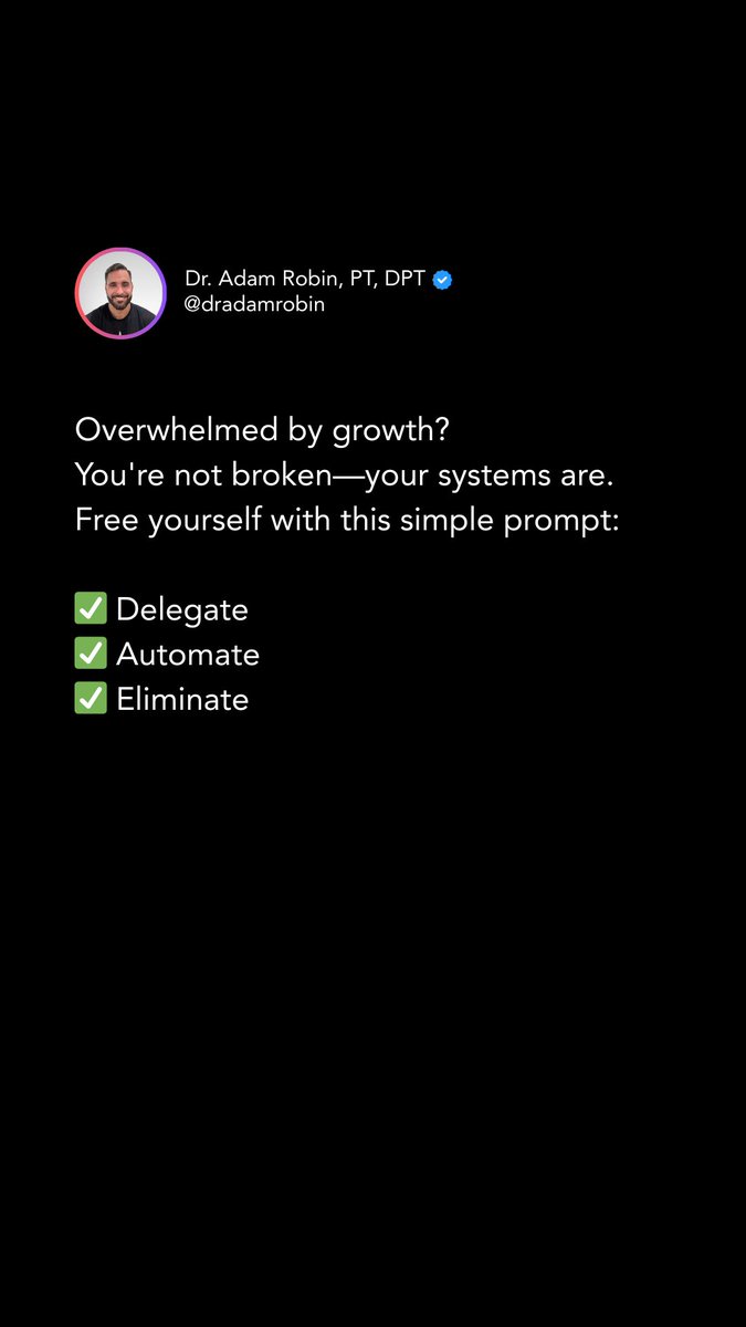 Overwhelmed by the chaos of a growing practice?
The fix isn’t doing more.
It’s doing less—on purpose.

Each week, ask:
👉 What can I delegate, automate, or eliminate?

DM “OVERWHELM” and I’ll send you the framework we give our coaching clients.