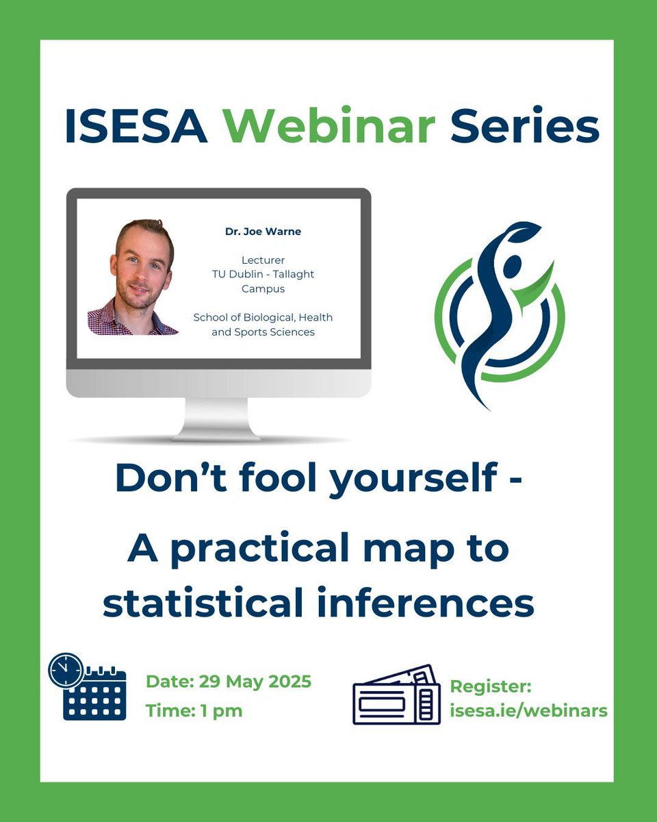 💻 Register now and join us on Thursday, 29 May at 01 PM for the next ISESA Webinar:
"Don’t fool yourself - A practical map to statistical inferences"
🔗 Register for free at isesa.ie/webinars (Link in Bio)