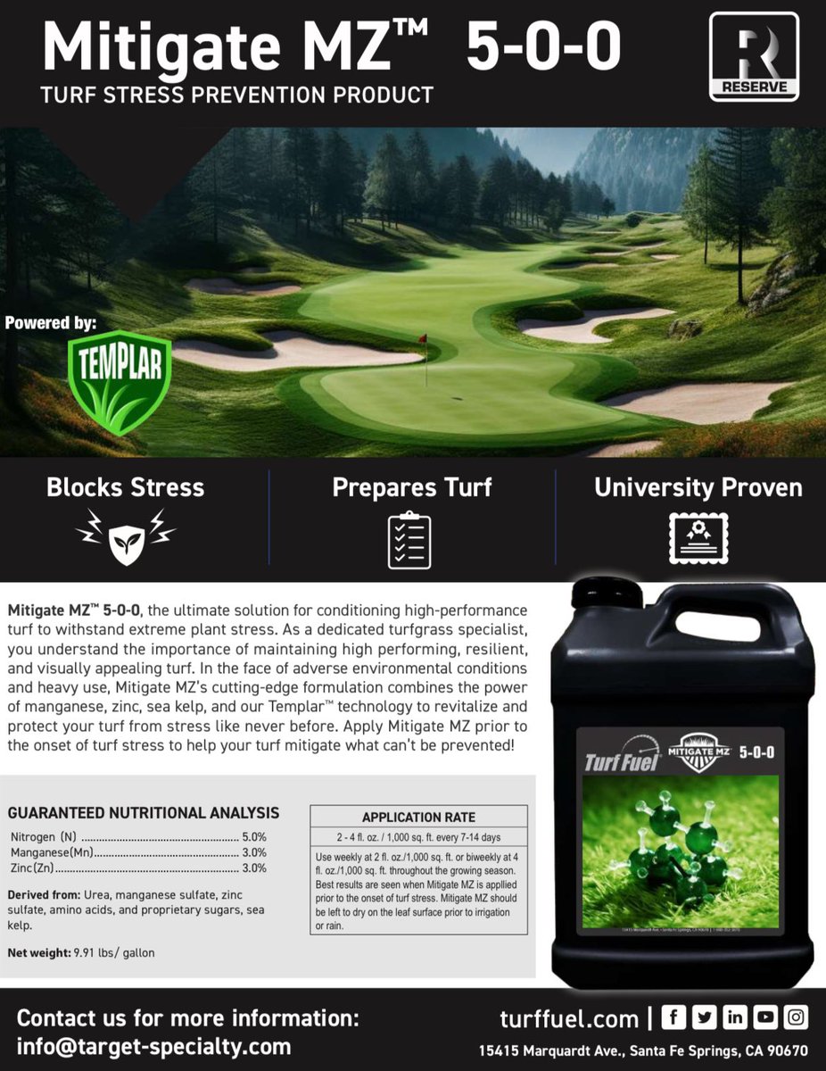 Mitigate MZ is your ultimate solution to combat plant stress. Combining our proprietary Templar technology with manganese, zinc and sea kelp all in one powerful product. Contact your local Target Specialty Products Representative for more information. 🌱⛽️