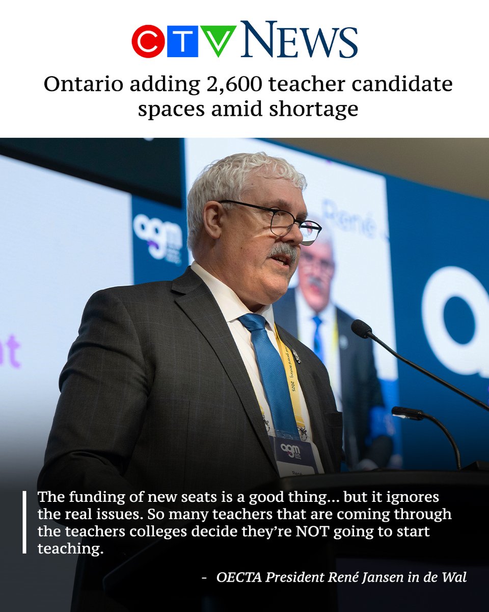 Catholic Teachers (@oectaprov) on Twitter photo 📢Ontario’s plan to add 2,600 teacher candidate spaces is a step forward, but as <a href="/OECTAprez/">René Jansen in de Wal, OECTA President</a> René Jansen in de Wal notes, it does not address the REAL issues.
Recruitment alone won’t fix #OntEd's teacher shortage – we need urgent action on RETENTION!
ctvnews.ca/canada/article… 📢Ontario’s plan to add 2,600 teacher candidate spaces is a step forward, but as <a href="/OECTAprez/">René Jansen in de Wal, OECTA President</a> René Jansen in de Wal notes, it does not address the REAL issues.
Recruitment alone won’t fix #OntEd's teacher shortage – we need urgent action on RETENTION!
ctvnews.ca/canada/article…