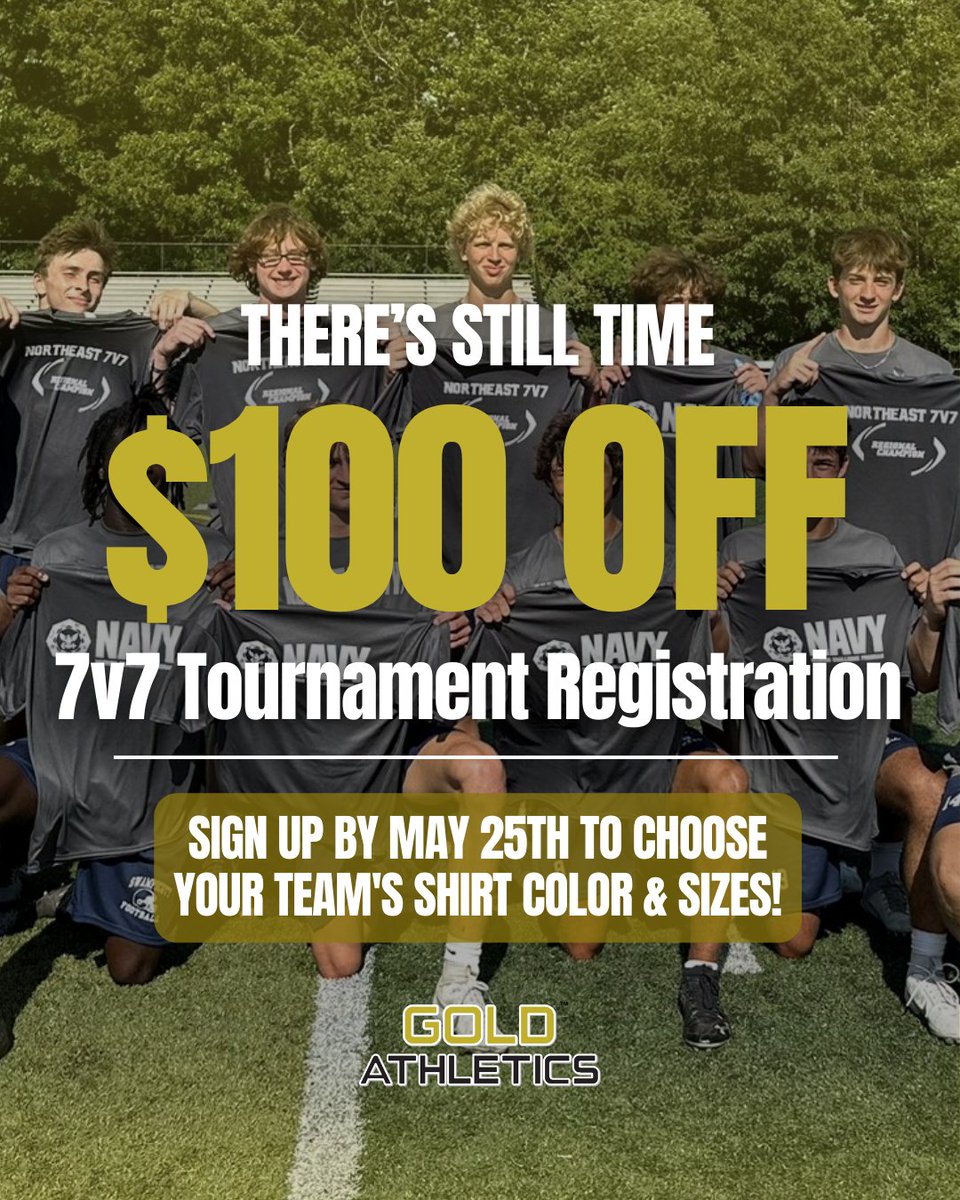 Gold Athletics (@goldathletics) on Twitter photo Register for the <a href="/northeast7v7/">Northeast7v7</a> by May 25th to guarantee your spot and lock in your shirt size + color.🏈 Run an off-season fundraiser with Gold Athletics and score $100 off your registration fee! 💰 #Northeast7v7 #FootballTournament #OffSeasonGrind <a href="/CoachDembo/">Steve Dembowski</a> Register for the <a href="/northeast7v7/">Northeast7v7</a> by May 25th to guarantee your spot and lock in your shirt size + color.🏈 Run an off-season fundraiser with Gold Athletics and score $100 off your registration fee! 💰 #Northeast7v7 #FootballTournament #OffSeasonGrind <a href="/CoachDembo/">Steve Dembowski</a>