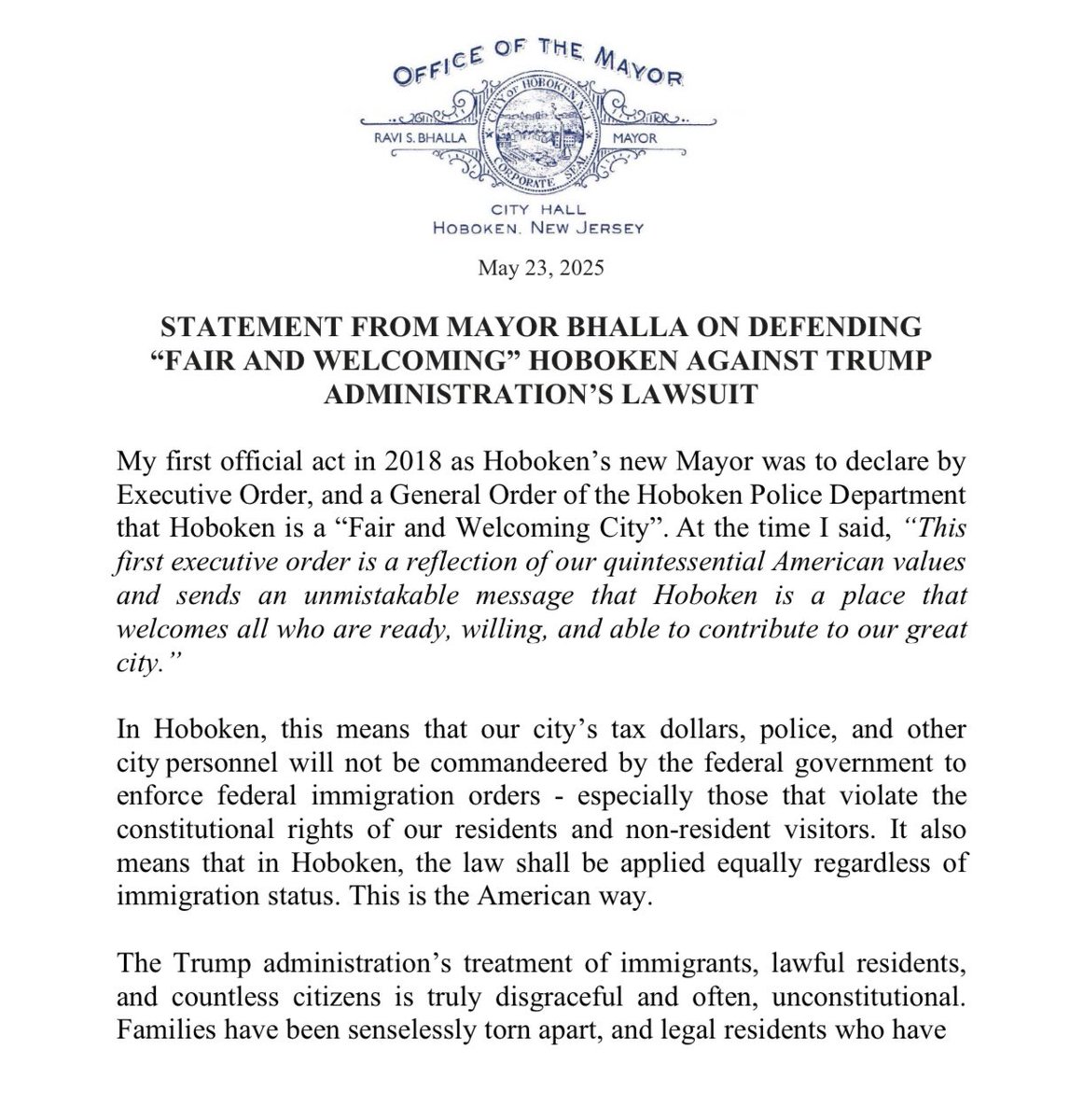 RaviBhalla's tweet image. The Trump administration is suing Hoboken (and Jersey City/Paterson/Newark) for our declaration as a “Fair and Welcoming” city.
Make no mistake about it - Hoboken will never aid Donald Trump’s inhumane treatment of law abiding immigrants &amp; residents.
We will not back down.