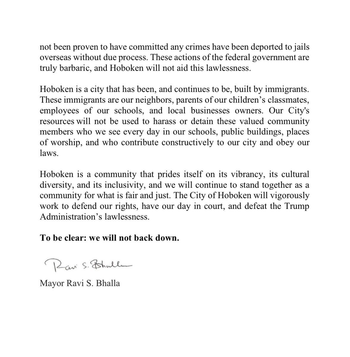 RaviBhalla's tweet image. The Trump administration is suing Hoboken (and Jersey City/Paterson/Newark) for our declaration as a “Fair and Welcoming” city.
Make no mistake about it - Hoboken will never aid Donald Trump’s inhumane treatment of law abiding immigrants &amp; residents.
We will not back down.