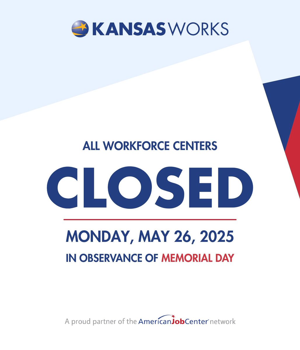 Heads up! This coming Monday, Workforce Centers across the state will be closed in observance of Memorial Day. We will return to regular business hours the following Tuesday, May 27.