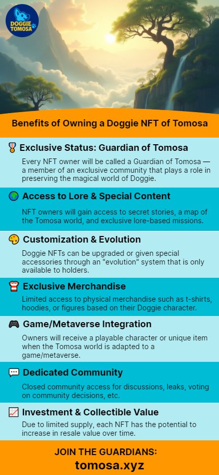 🎁 Benefits of Owning a Doggie NFT of Tomosa
#DoggieNFT #GuardianOfTomosa #NFTCollection #NFTCommunity #AdventureAwaits #DoggieNFT #NFT3D #DoggieEvolution #DoggieMetaverse #Web3Art #NFTs #NFT #nftdrops #NFTCollection #NFTCollection #NFTCommunity #nftcollector #NFTcollections
