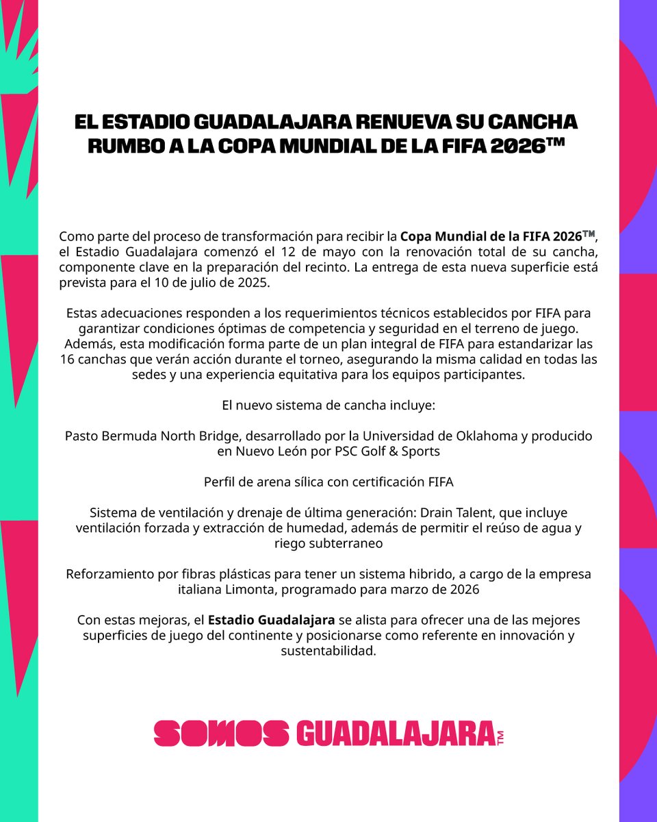 🏟️ El Estadio Guadalajara ya inició la renovación de su cancha rumbo a la Copa Mundial de la FIFA 2026™.

Una transformación clave para ofrecer las mejores condiciones de juego y cumplir con los estándares de FIFA.

#SomosGuadalajara #Somos26