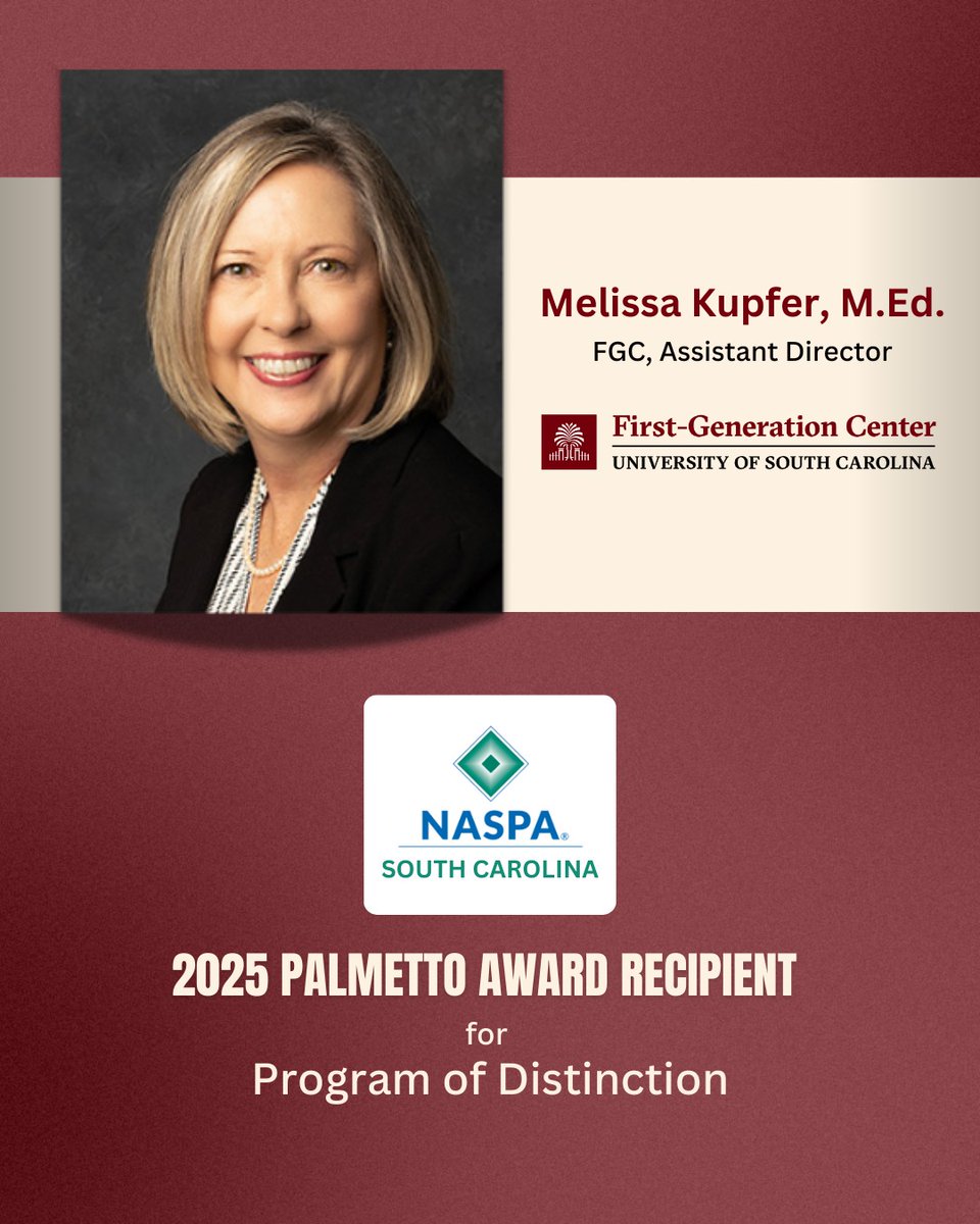 USCFIRST_GEN's tweet image. On May 22, Assistant Director Melissa Kupfer received the @NASPAReg3 2025 Palmetto Award for her development of the First-Gen Networking Dinners at @UofSC. Congratulations, Melissa!
Learn more about First-Gen Networking Dinners at: ow.ly/am2f50VXV2P
@NASPA #HigherEd #UofSC