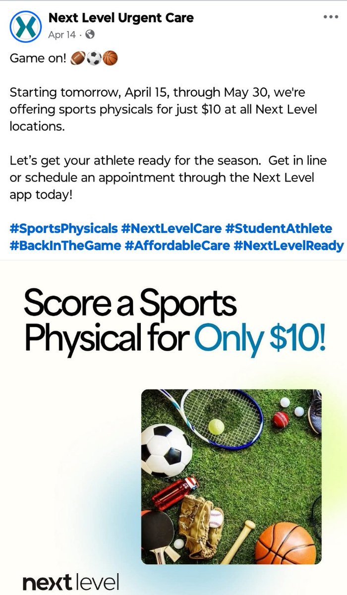 One more week to get sports physicals for ONLY $10 at Next Level Urgent Care - Long Meadow (by Gallery Furniture) 
Physical Form: fortbendisd.com/Page/1122
Rank One - Required district electronic forms &amp; physical upload:
fortbendisd.rankone.com/New/NewParentL…