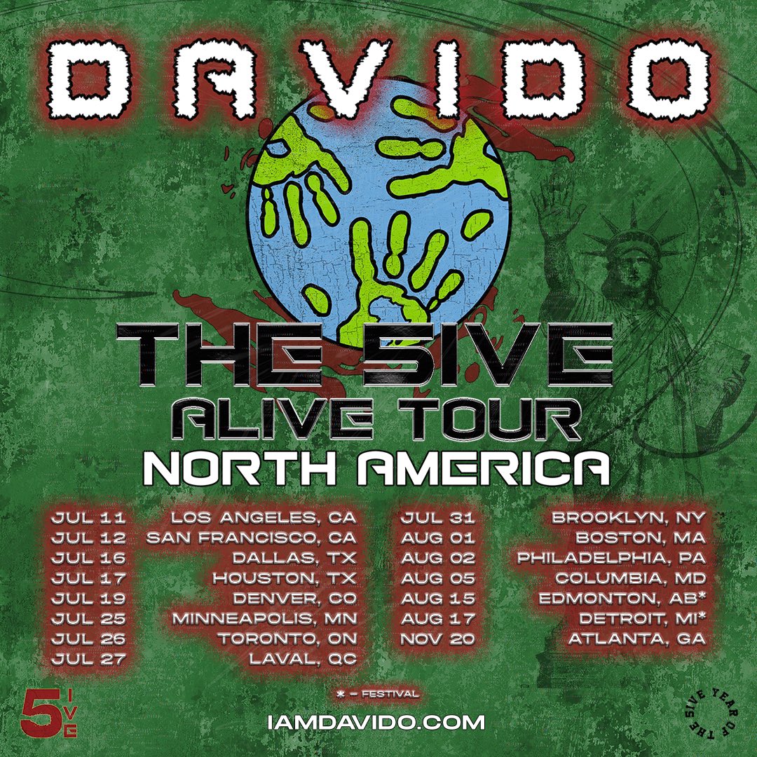 davido's tweet photo. New dates added on the #5IVE Alive Tour!! 5️⃣

Get your tickets now on my website:

https://t.co/7QGoeoJiJP https://t.co/NM8Zy5y2hb