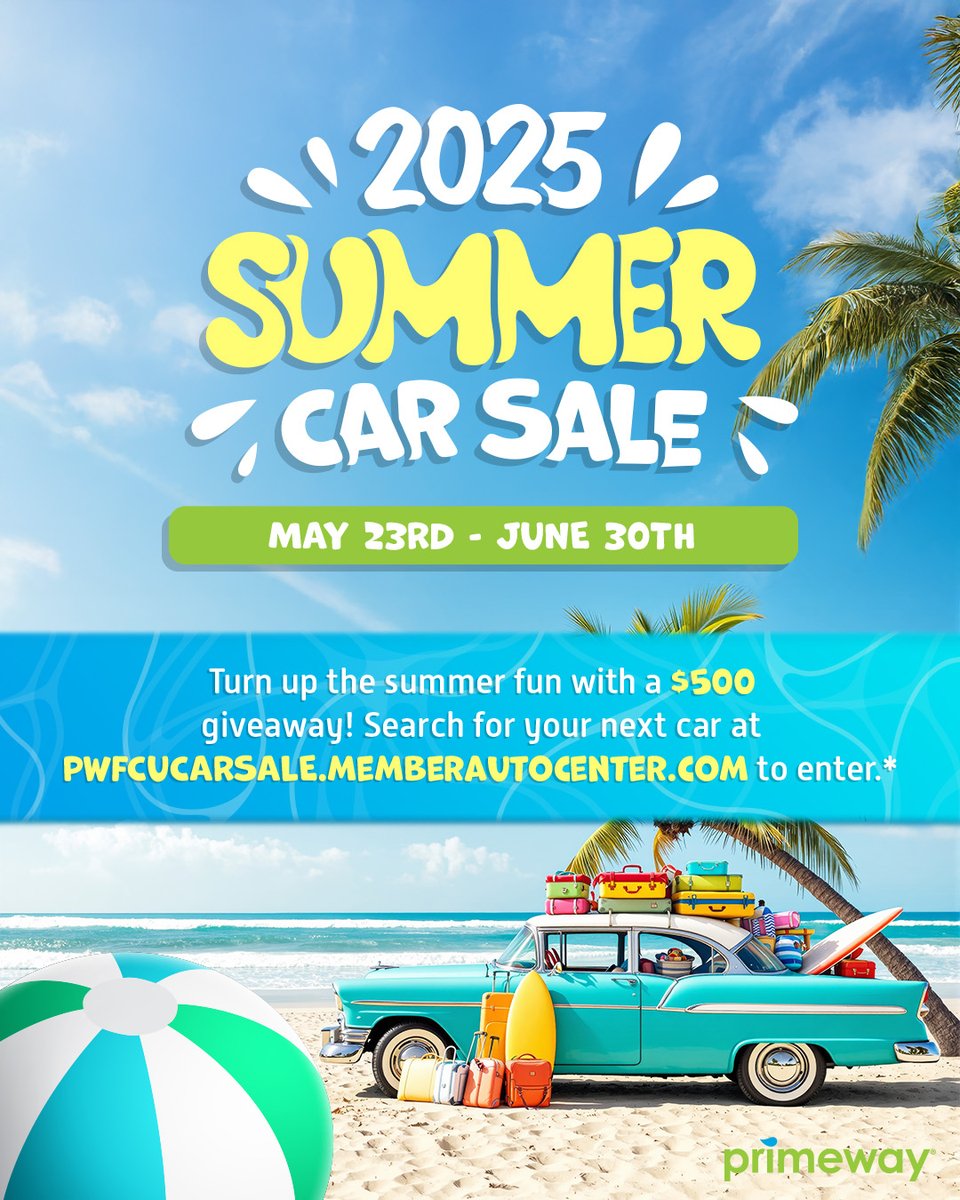 The 2025 Summer Car Sale is here! ☀️🚗🌴 

Now through June 30th, explore great deals on your next ride and get a chance to win a $500 giveaway—just for shopping online!

Search for you next car by visiting:
bit.ly/44TiE4V

#PrimeWay #MemberAutoCenter