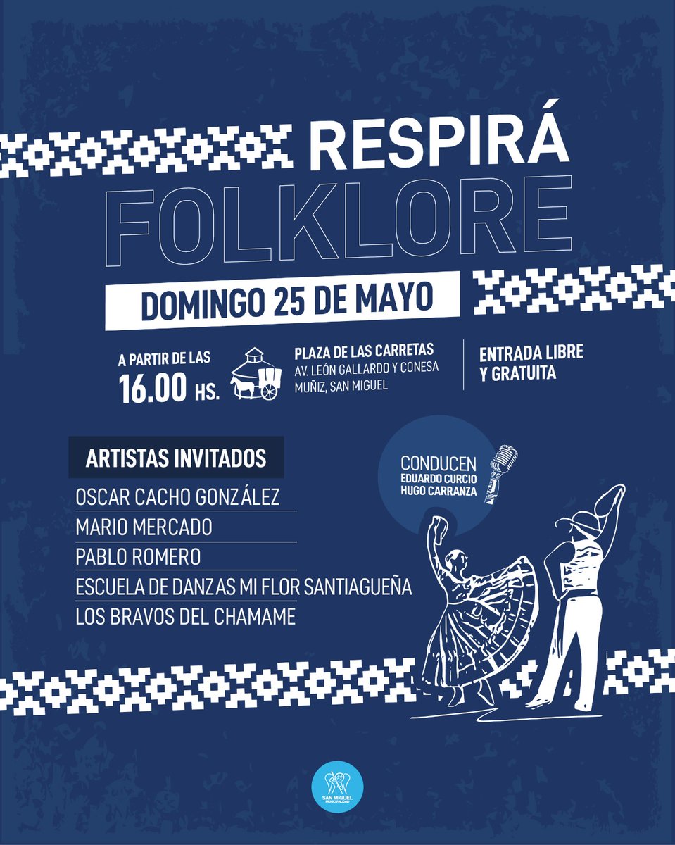 Respirá Folklore🎶🎸🇦🇷
🗓️ Te esperamos el domingo 25 de mayo, a partir de las 16hs.
📌 Plaza de las Carretas, Av. León Gallardo y Conesa
ENTRADA LIBRE Y GRATUITA