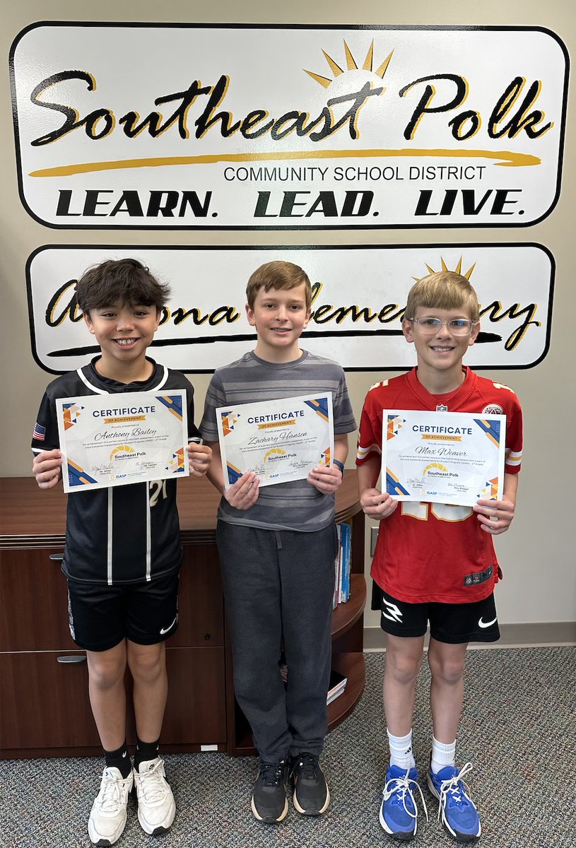 We recently learned that three of our students received perfect scores on one of their ISASP Assessments! Below, left to right, are Anthony, 4th Grade Math, Zachary, 5th Grade Math, and Max, 4th Grade ELA/Writing!  Congratulations!  <a href="/SEPSchools/">SEP Schools</a>