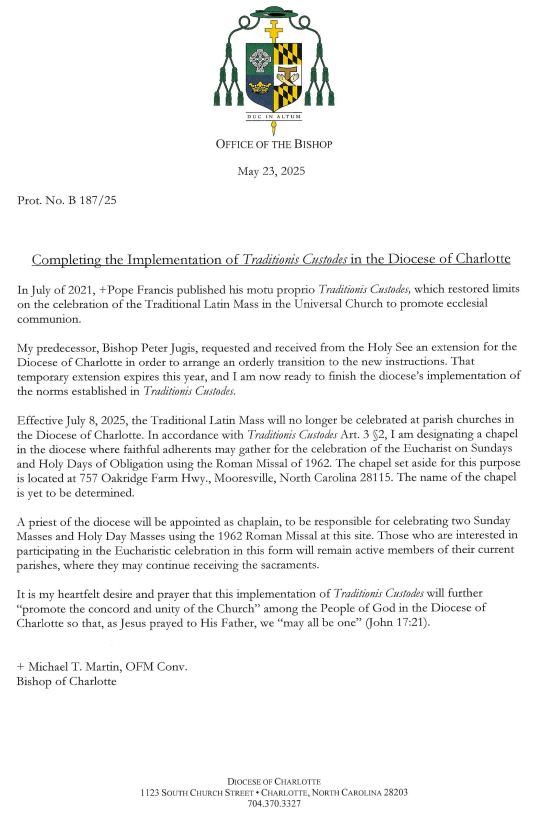 domuscapituli's tweet image. Meet the newest Guardian of Tradition, Bp Michael Martin of Charlotte, North Carolina, who has just expelled the TLM followers from five parishes in order to encourage concord & unity. Most people will now have to travel a LOT further if they want to get to these Masses.