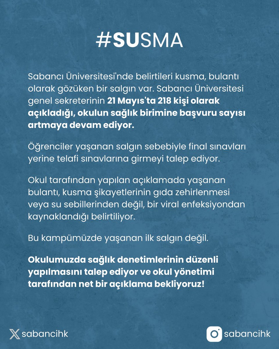 Sabancı Üniversite'sinde yaşanan salgını takip ediyoruz. Üniversite yönetiminin net bir açıklama yapmasını talep ediyor ve öğrencilerin taleplerinin kabul edilmesini bekliyoruz.