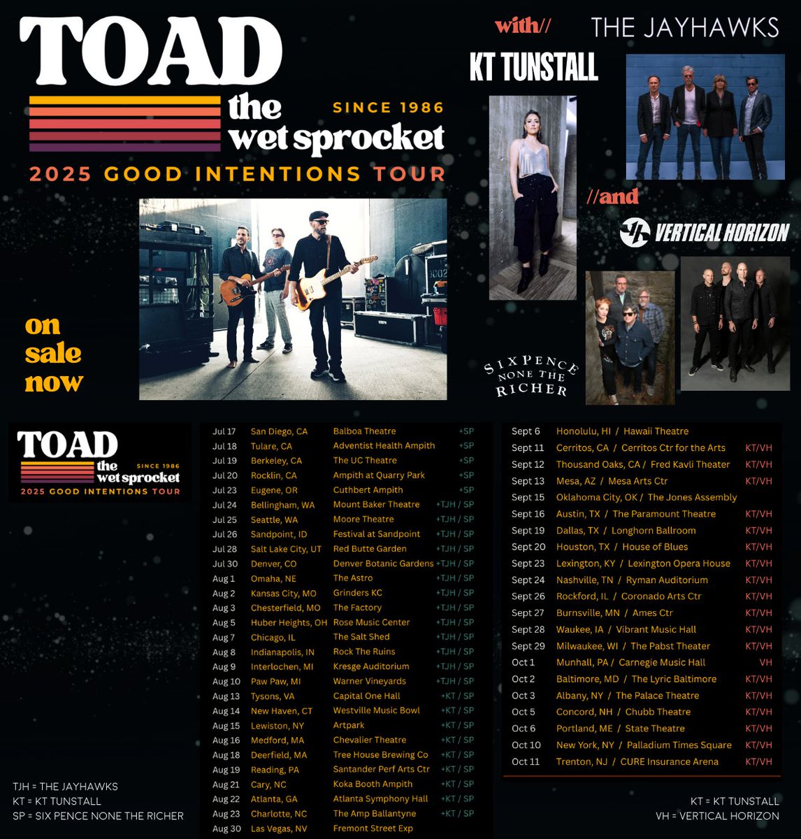 JayhawksOfficial (@the_jayhawks) on Twitter photo We're very happy to announce that we will be hopping on the 2025 <a href="/ToadWetSprocket/">ToadtheWetSprocket</a> "Good Intentions" Tour for 13 dates this July and August.
Tickets are on sale now.
Tour schedule with ticket links: bit.ly/JayhawksShows
Latest tour news: bit.ly/4k9qj3J We're very happy to announce that we will be hopping on the 2025 <a href="/ToadWetSprocket/">ToadtheWetSprocket</a> "Good Intentions" Tour for 13 dates this July and August.
Tickets are on sale now.
Tour schedule with ticket links: bit.ly/JayhawksShows
Latest tour news: bit.ly/4k9qj3J