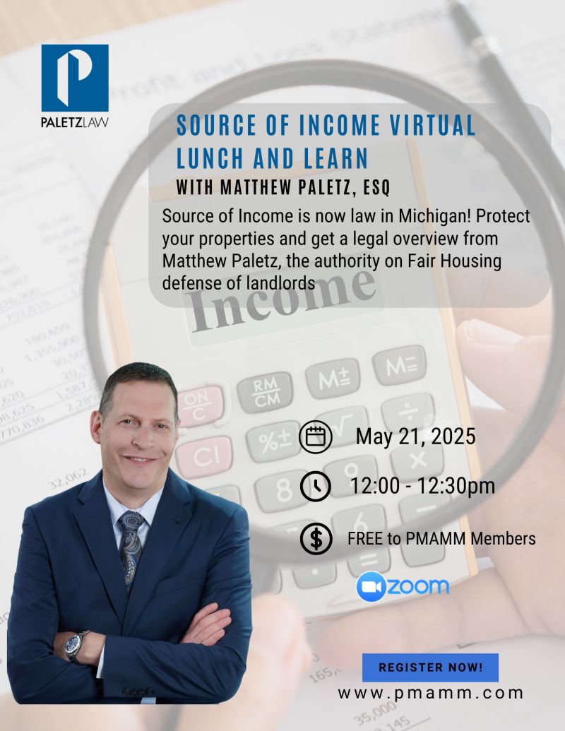 PaletzLaw's tweet image. Paletz Law CEO Matthew Paletz gave landlords and property owners an essential overview of new state-mandated Source of Income laws at a meeting of the Property Management Association of Mid-Michigan (PMAMM) #fairhousing #sourceofincome