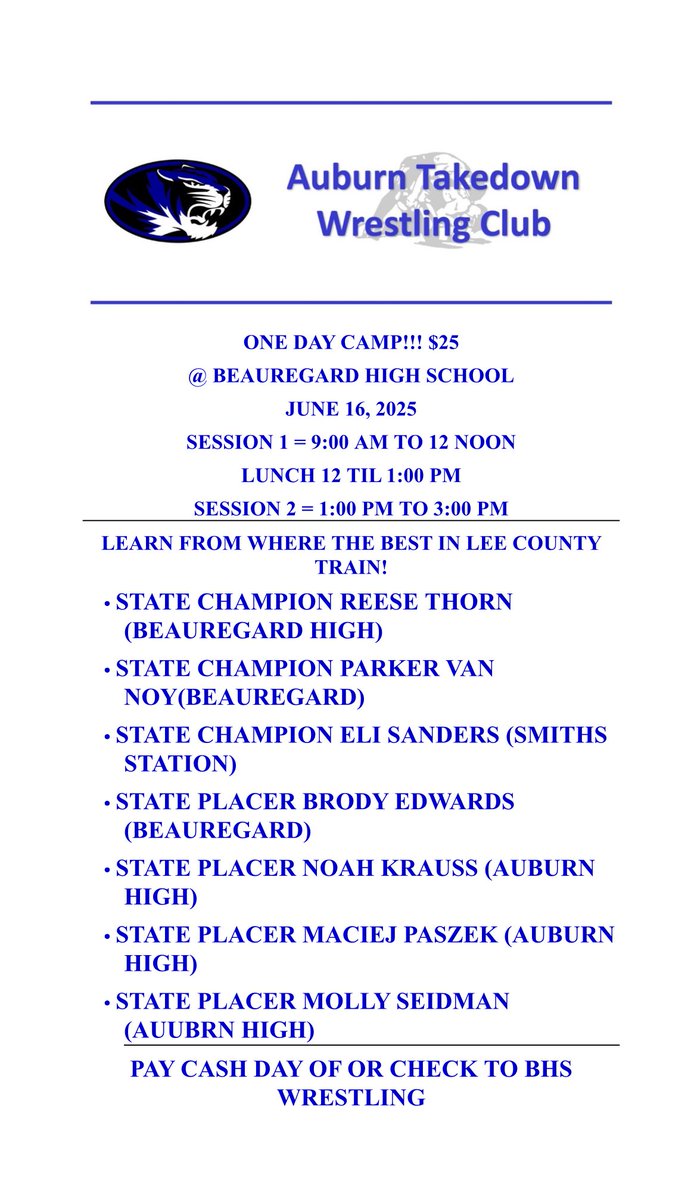 BHS Wrestling will be hosting 2 college camps this summer! June 9 th and June 16 th. Pay cash day of camp or check to BHS Wrestling.  These camps are for both boys and girls!
